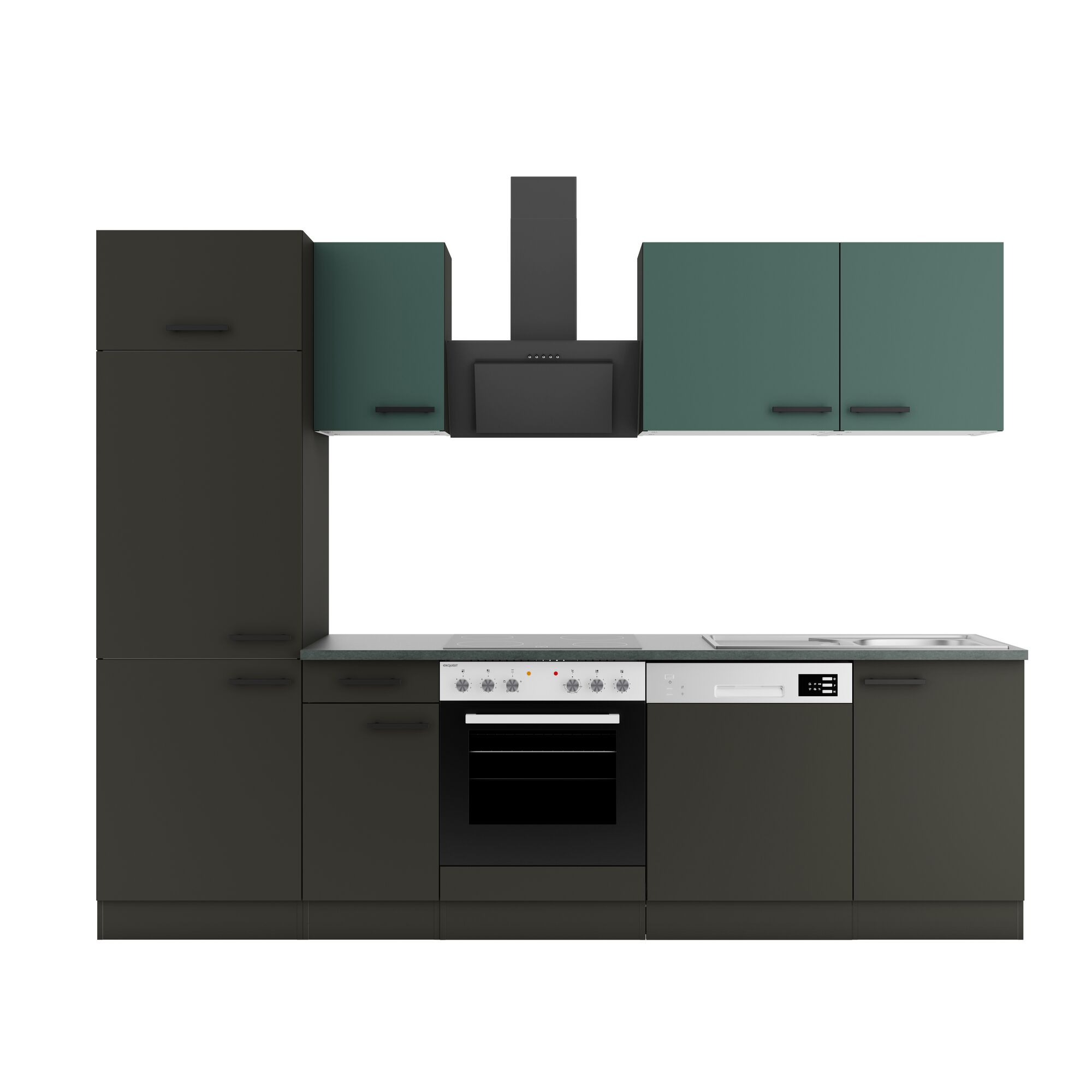 Schwarze und grüne Einbauküche mit Elektrogeräten