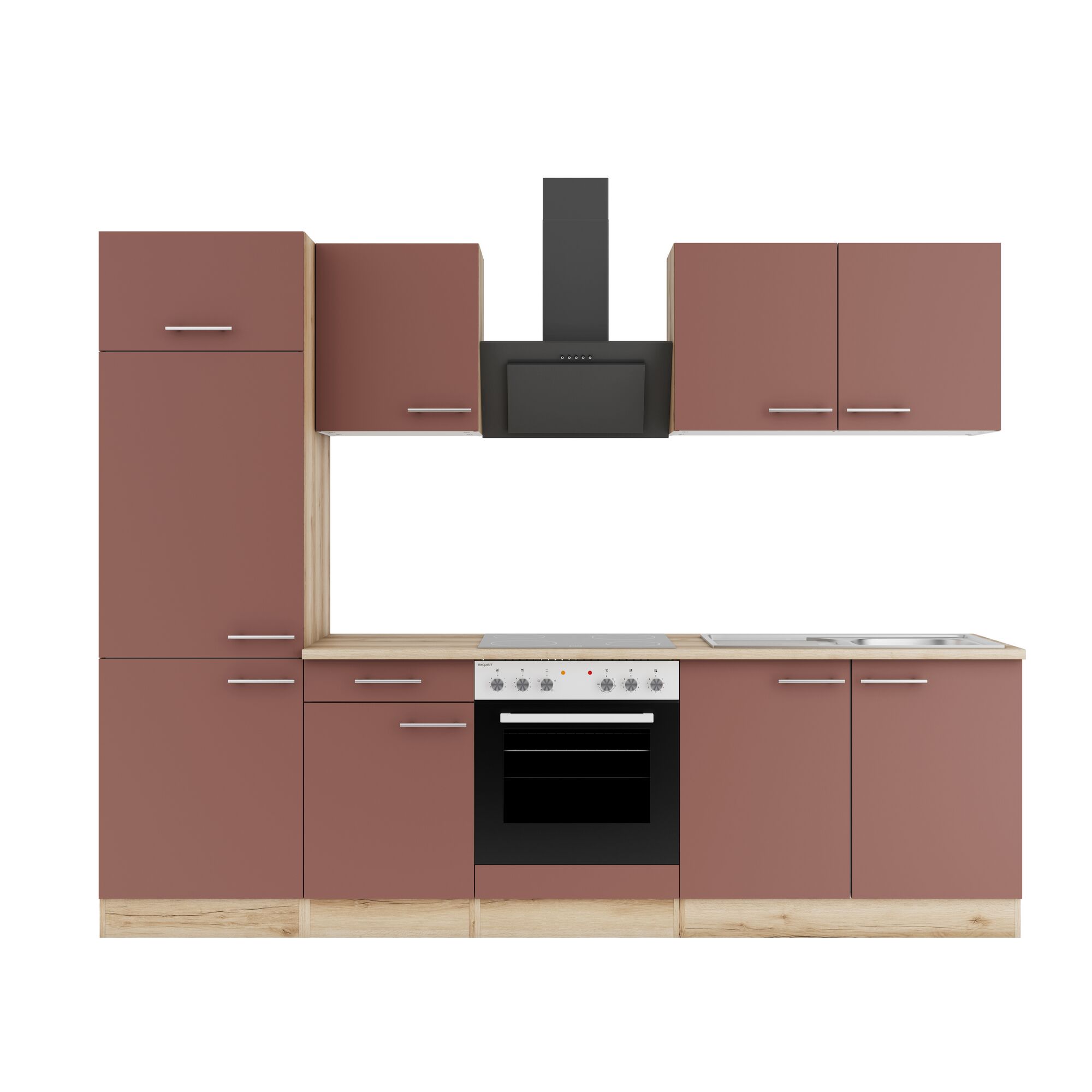 Braune Einbauküche mit Elektroherd und Dunstabzugshaube