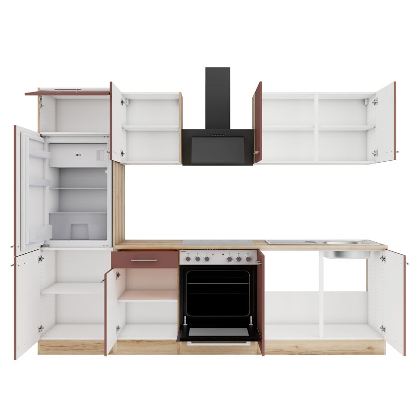 Offene Küche mit Backofen und Kühlschrank