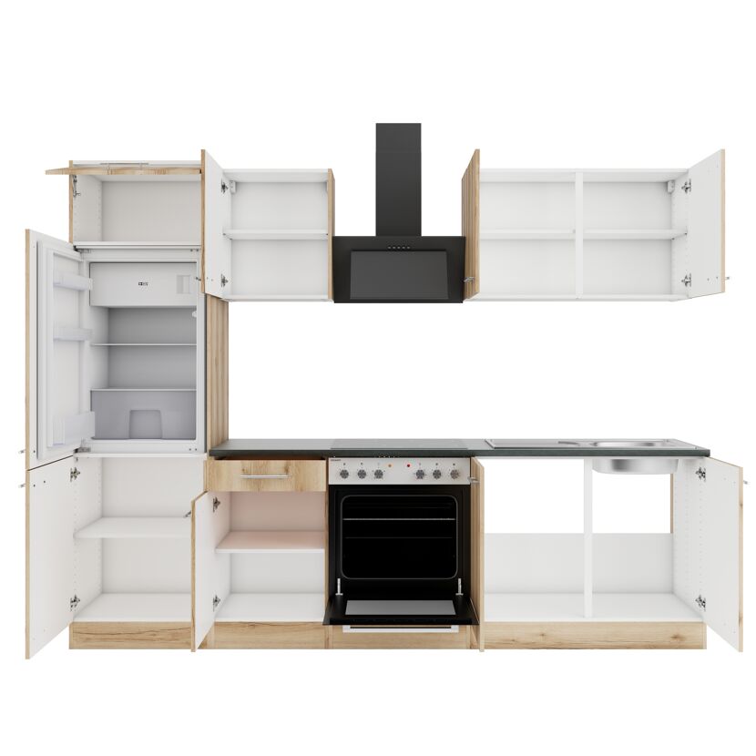Offene Küche mit Backofen, Spüle und Kühlschrank