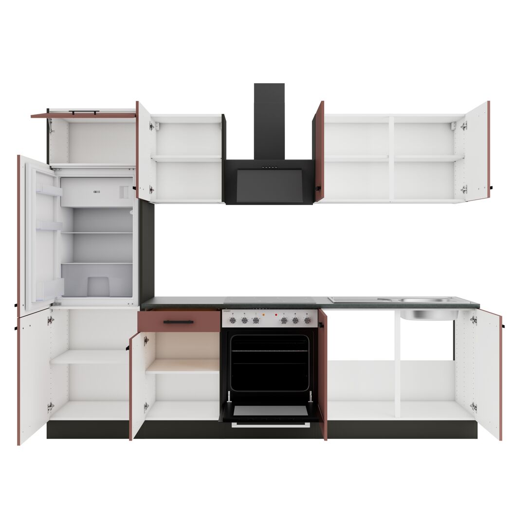 Offene Küche mit Herd, Spüle und Kühlschrank