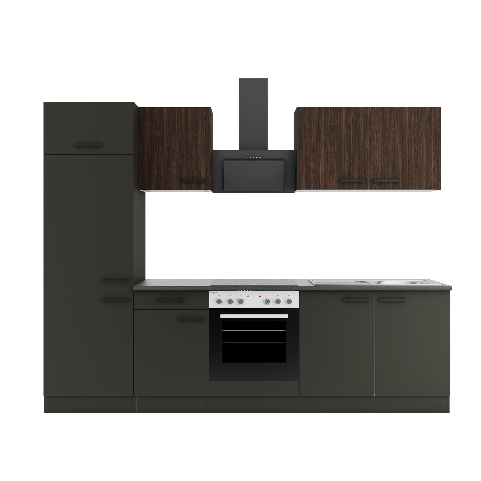 Moderne Küche in Dunkelgrau mit Dunstabzugshaube