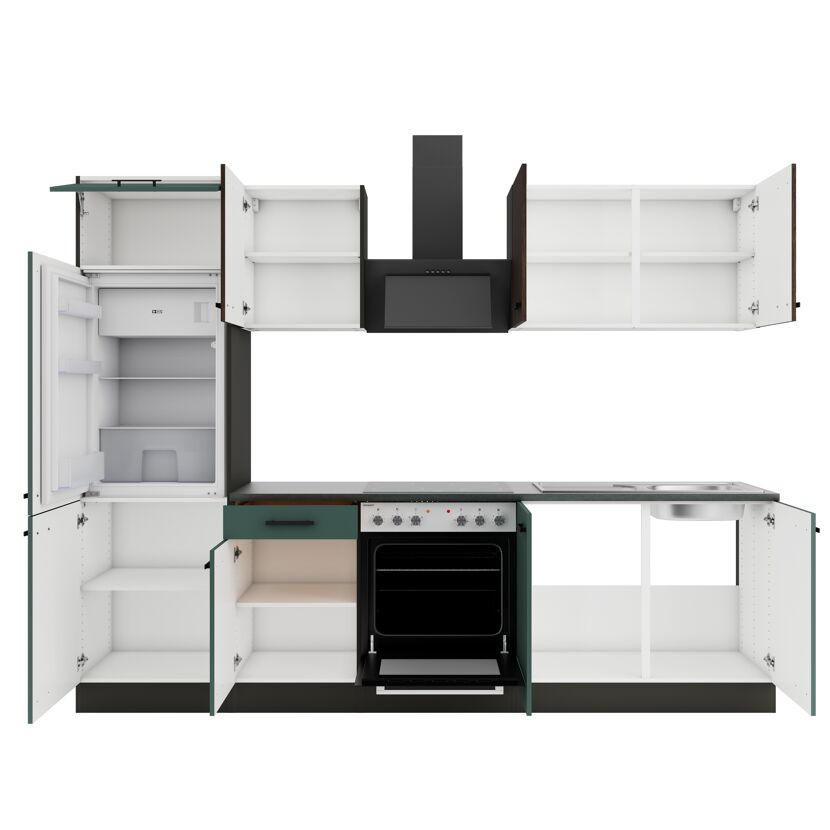 Offene Einbauküche mit Backofen Kühlschrank und Spüle