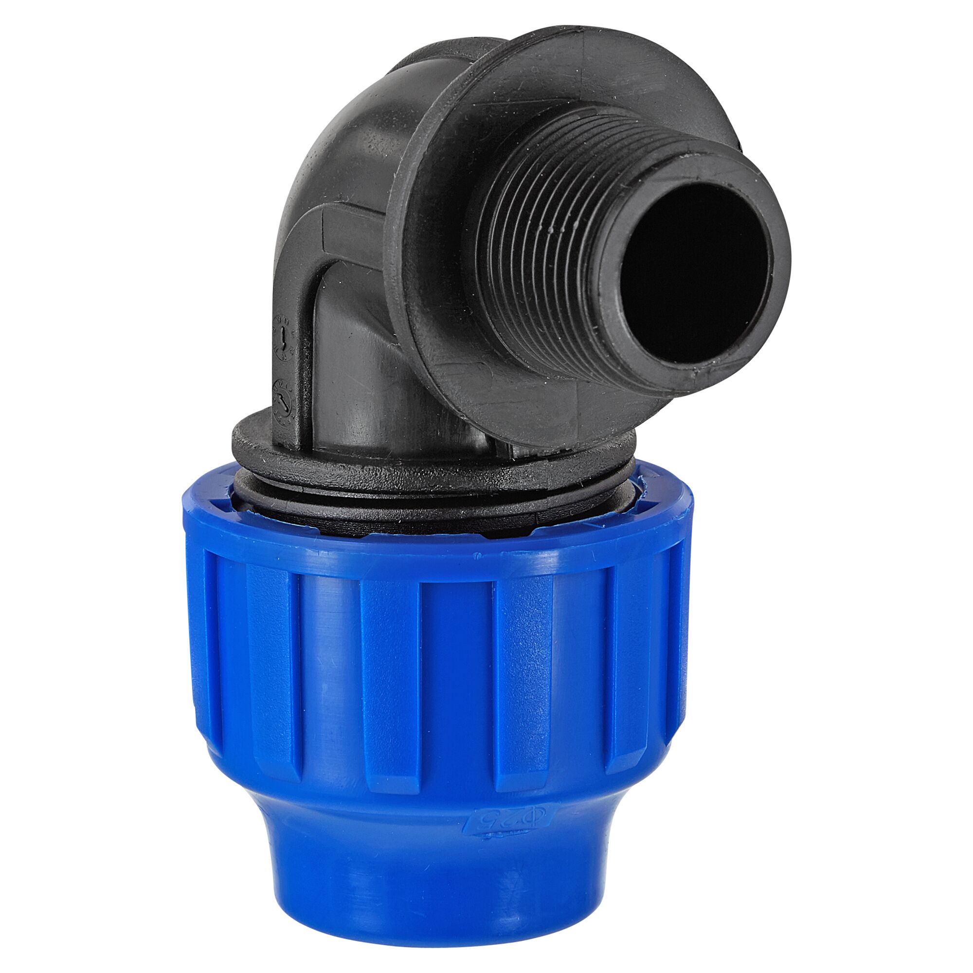 Blauer Winkelverbinder aus Kunststoff für HDPE-Rohr