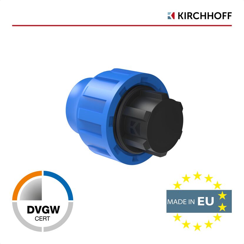 Blaues Endstück für HDPE 32 mm, KIRCHHOFF, Made in EU, DVGW-zertifiziert