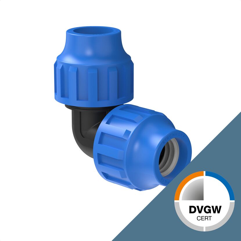 Blauer Winkelverbinder aus Kunststoff für HDPE-Rohr 25 mm