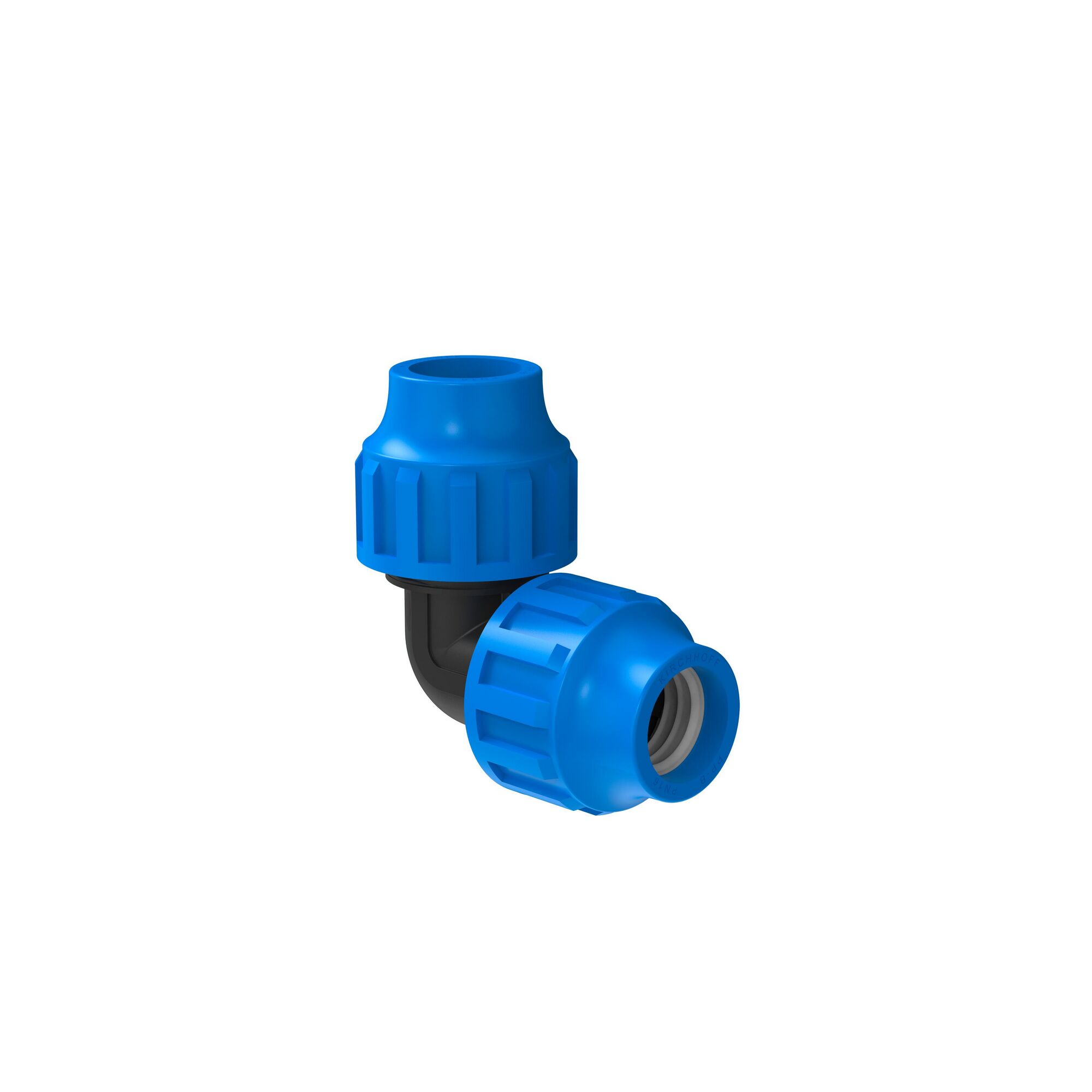 Schwarzer Winkel mit blauen Verschraubungen für HDPE-Rohr 20 mm.