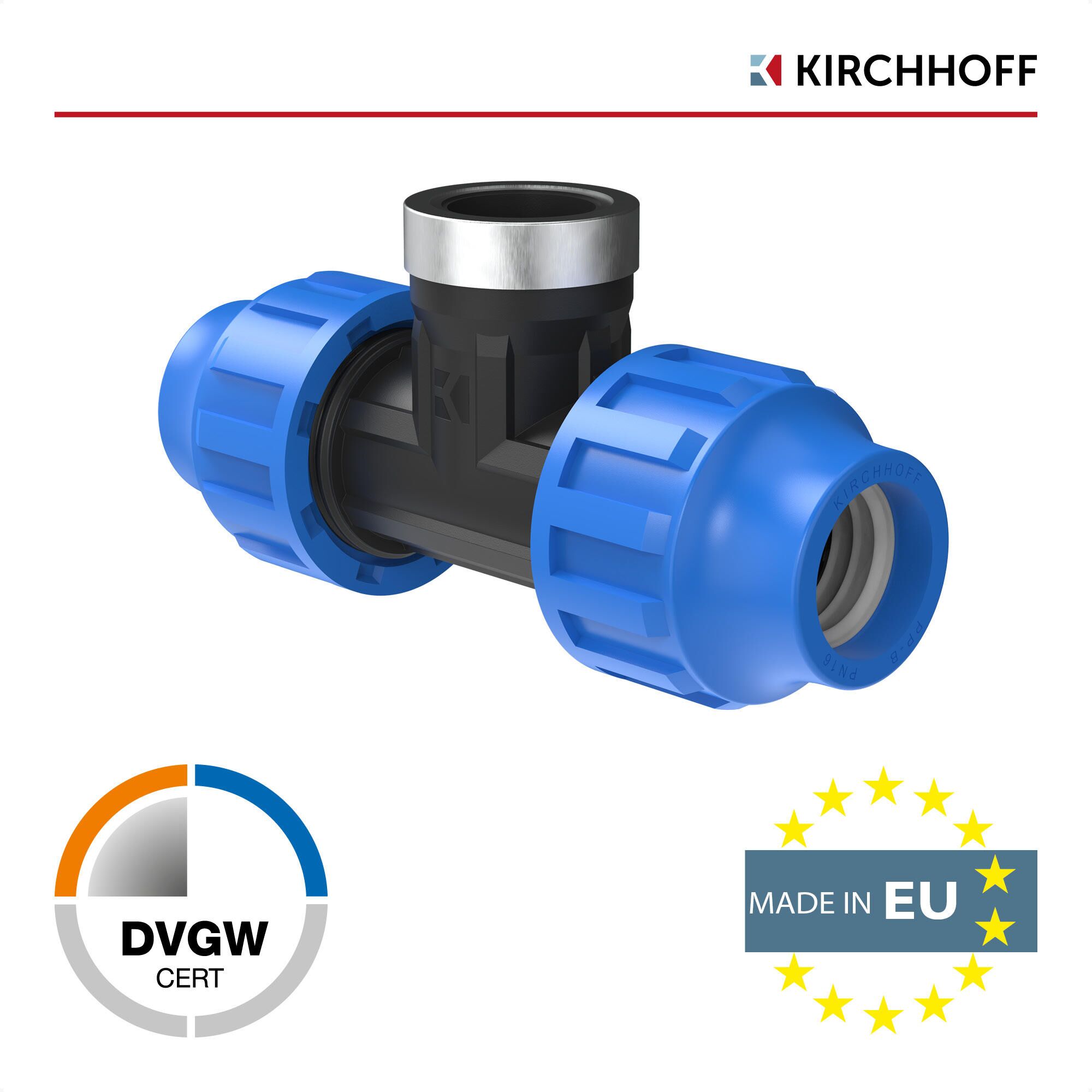 Blaues T-Stück von Kirchhoff mit DVGW-Siegel, Made in EU