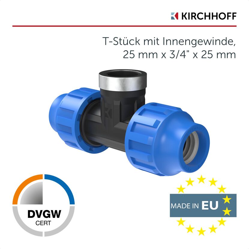 Blaues T-Stück mit Innengewinde, 25 mm x 3/4" x 25 mm