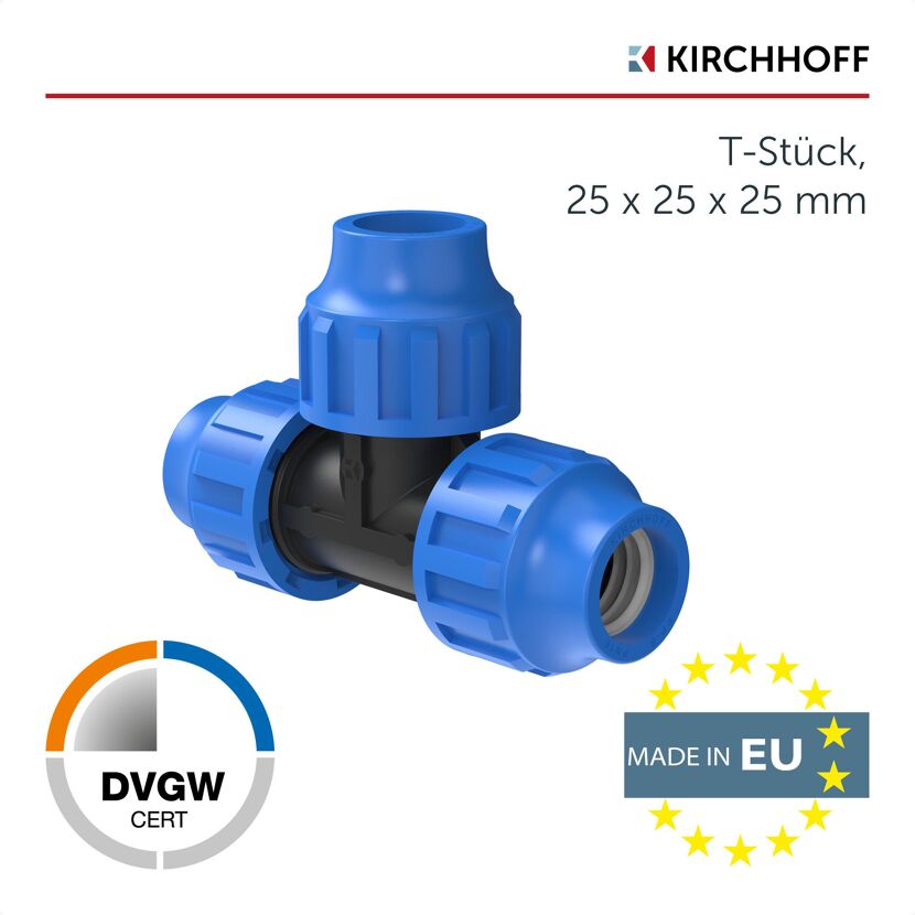 Blaues T-Stück für HDPE-Rohre, 25 mm Durchmesser