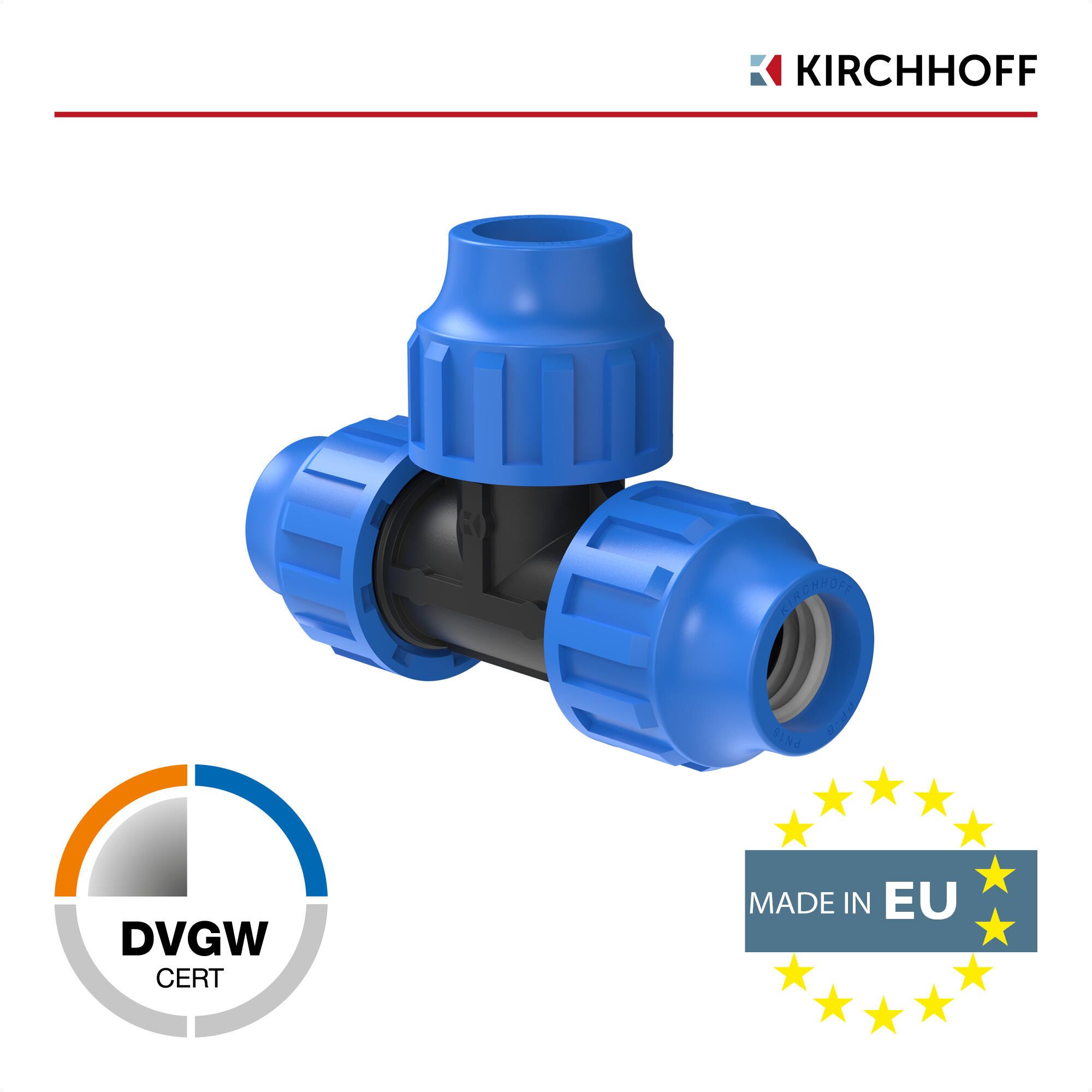 Blaues T-Stück für HDPE-Rohr 20 mm, DVGW-zertifiziert