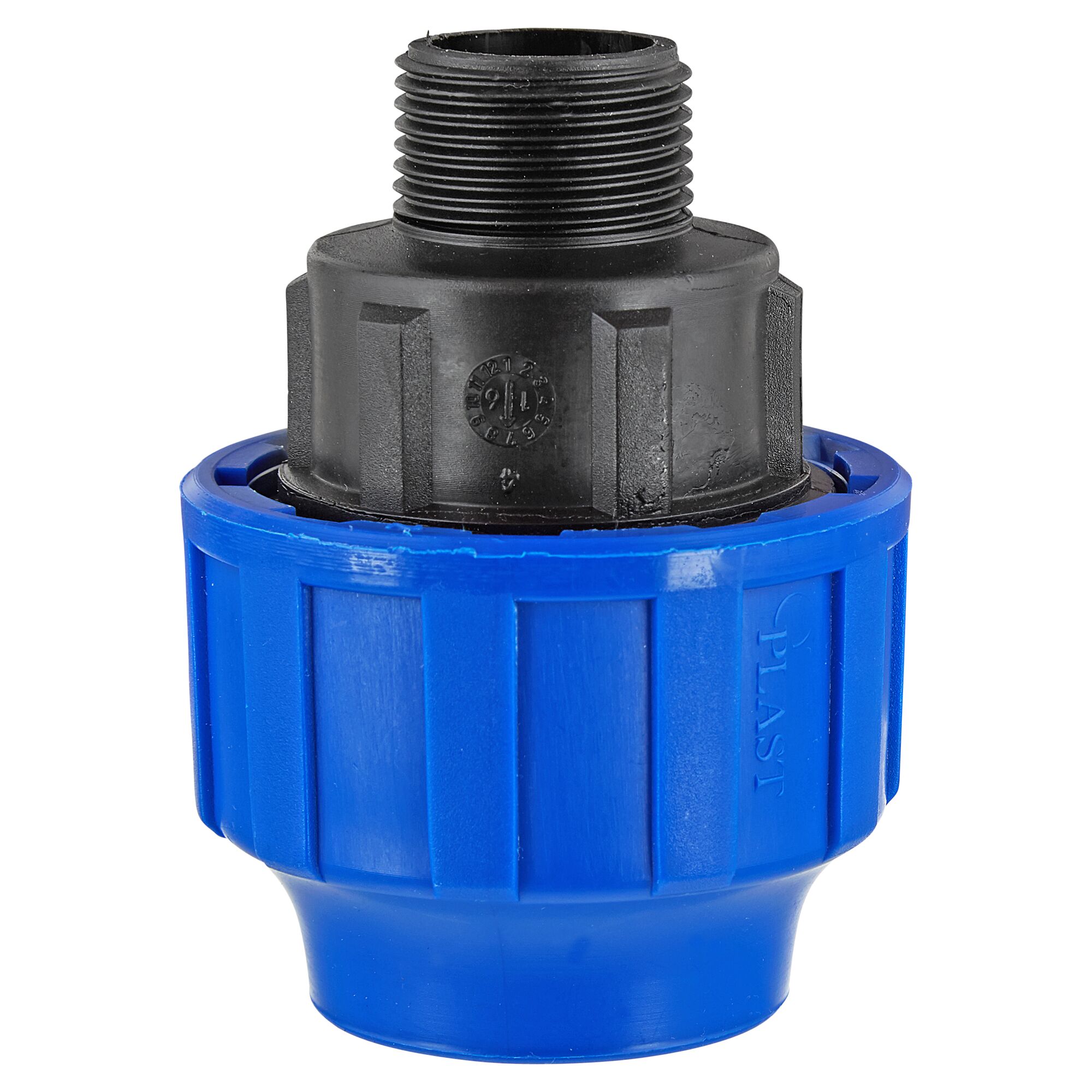 Blaues Übergangsstück für HDPE-Rohre mit 32 mm Durchmesser und 3/4-Zoll-Außengewinde