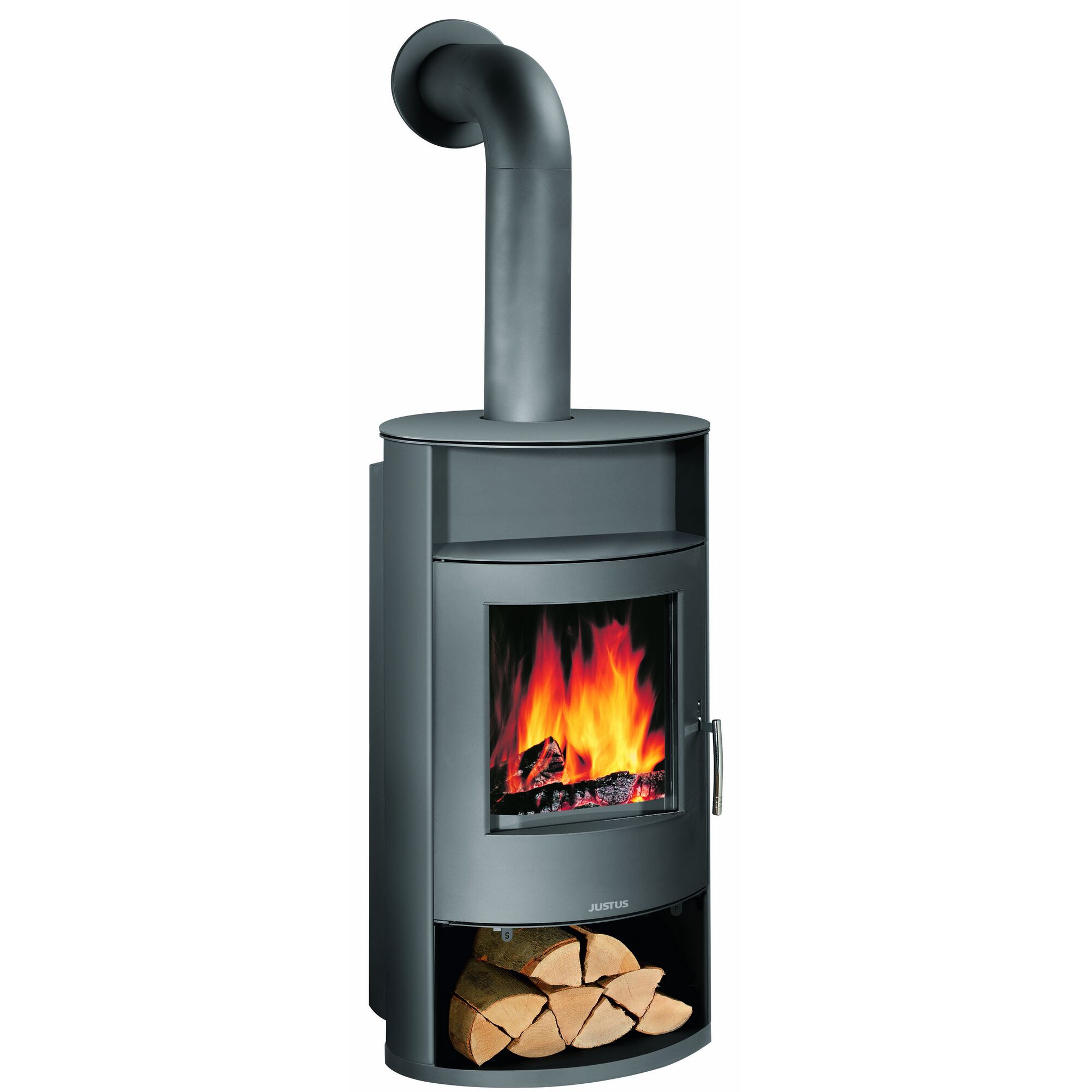 JUSTUS Kaminofen Island Aqua II mit Feuer und Holz im Brennraum