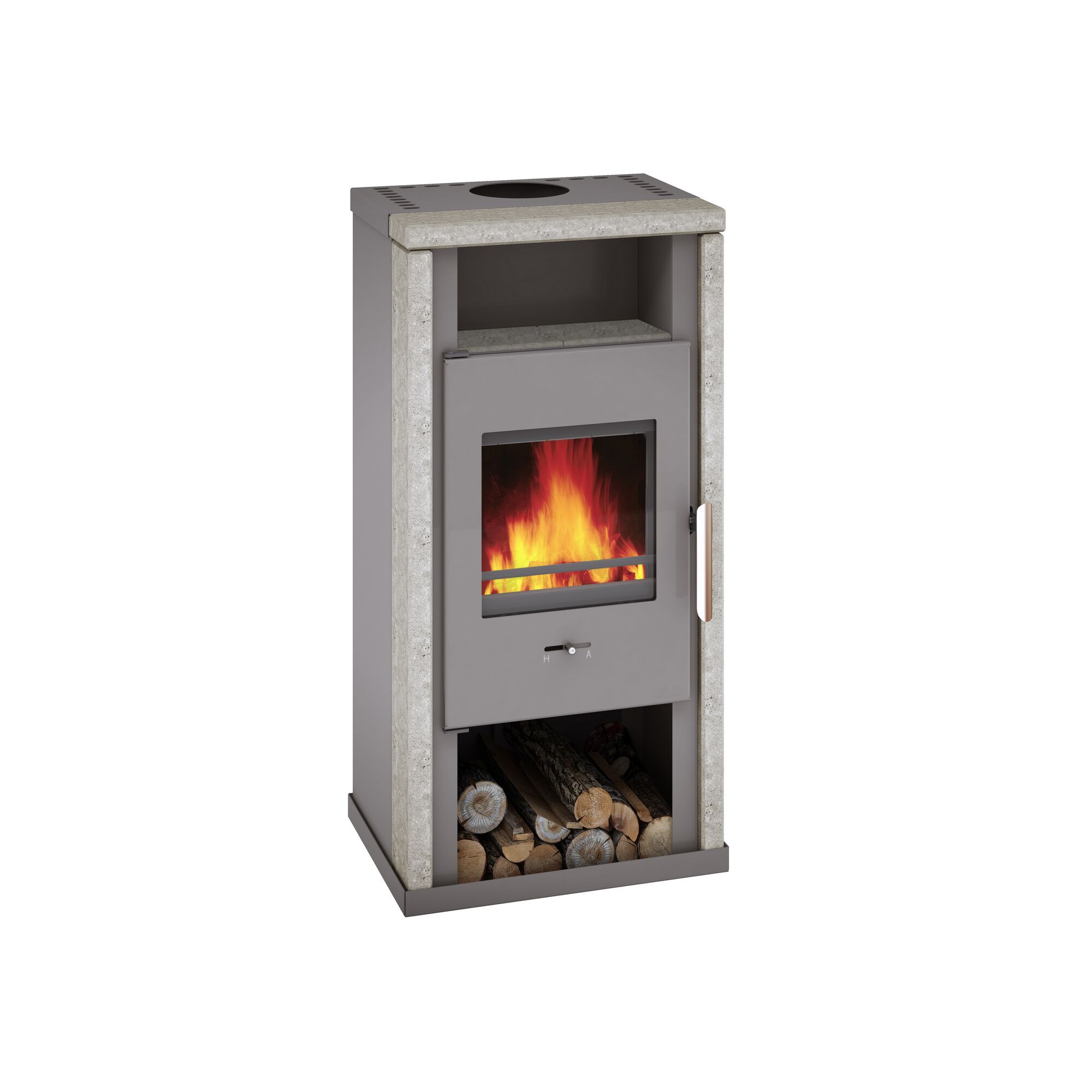 Kaminofen Yuna mit Natursteinrahmen und Feuer im Brennraum