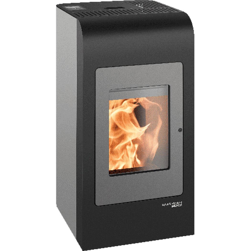 Pelletofen HSP 2.17 Home II in grau-schwarz mit Flammen im Sichtfenster.