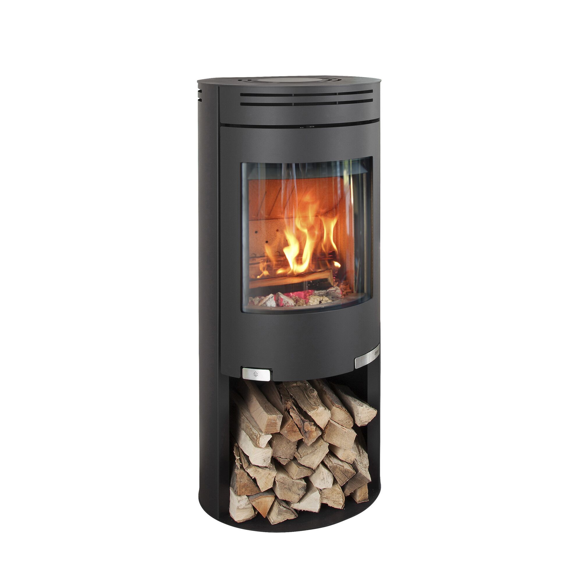 Kaminofen Aduro 1.4 mit Feuer und Holz im Brennraum