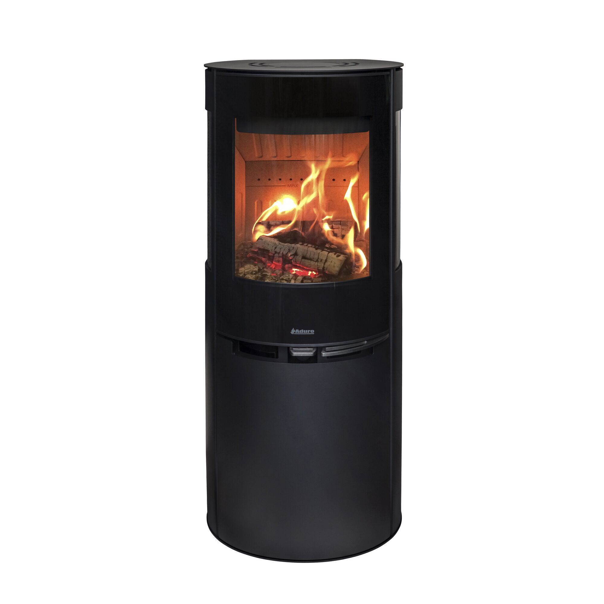 Schwarzer Kaminofen Aduro 9.5 Lux mit brennendem Feuer