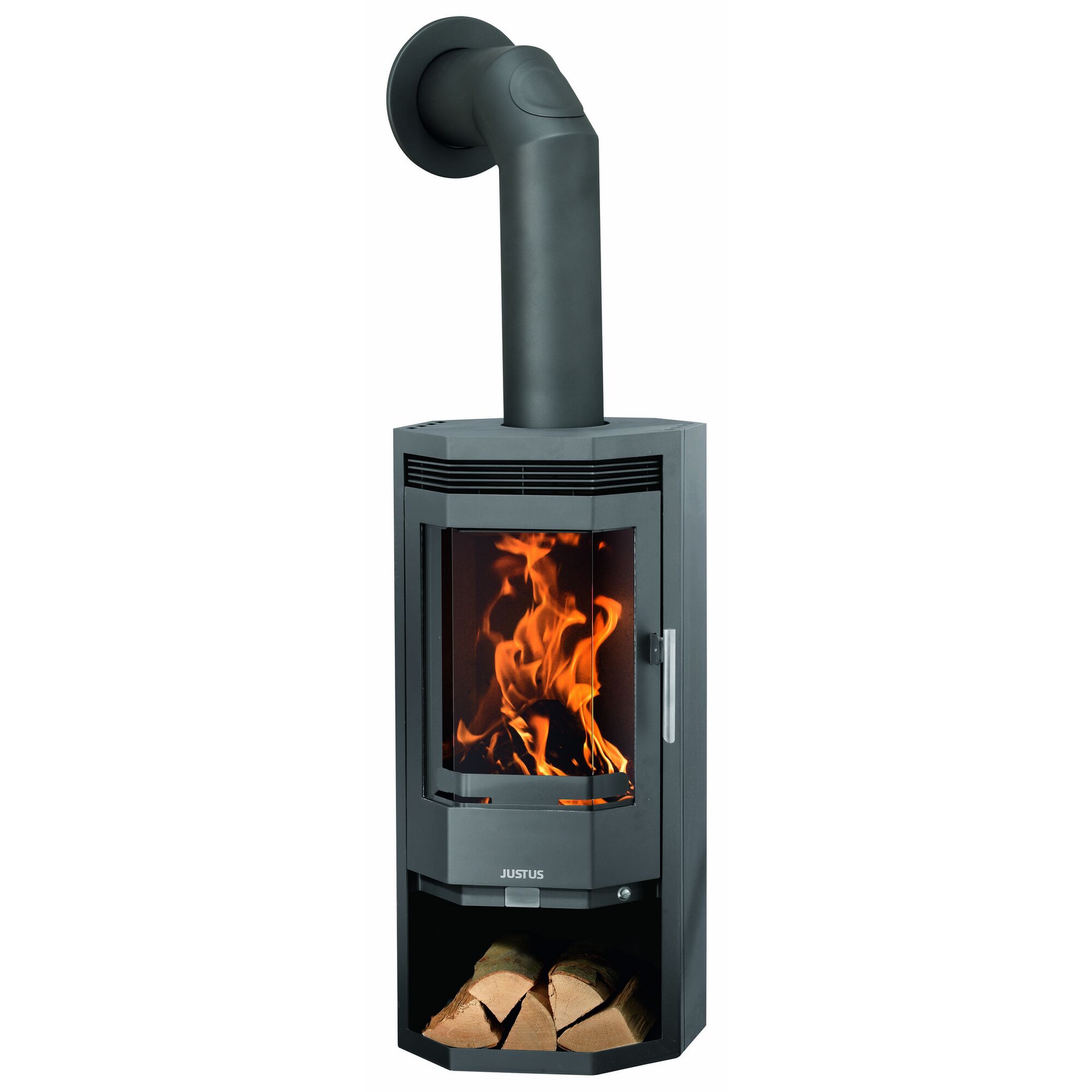 JUSTUS Kaminofen Usedom 5 D gussgrau mit Feuer und Holzscheiten