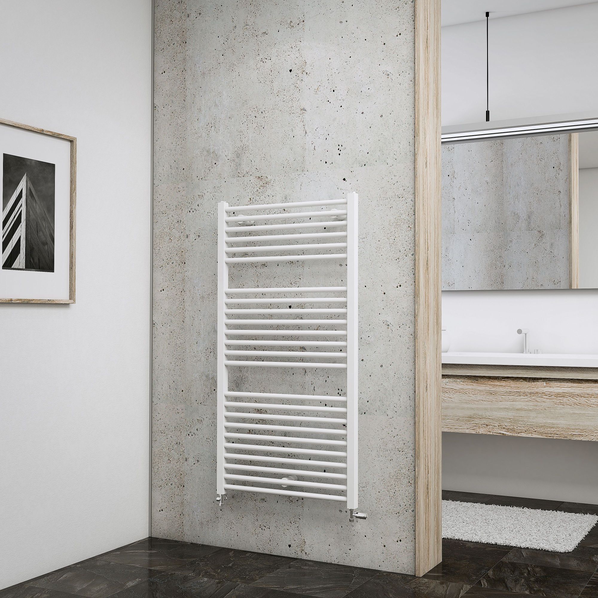 Weißer Badheizkörper an Betonwand