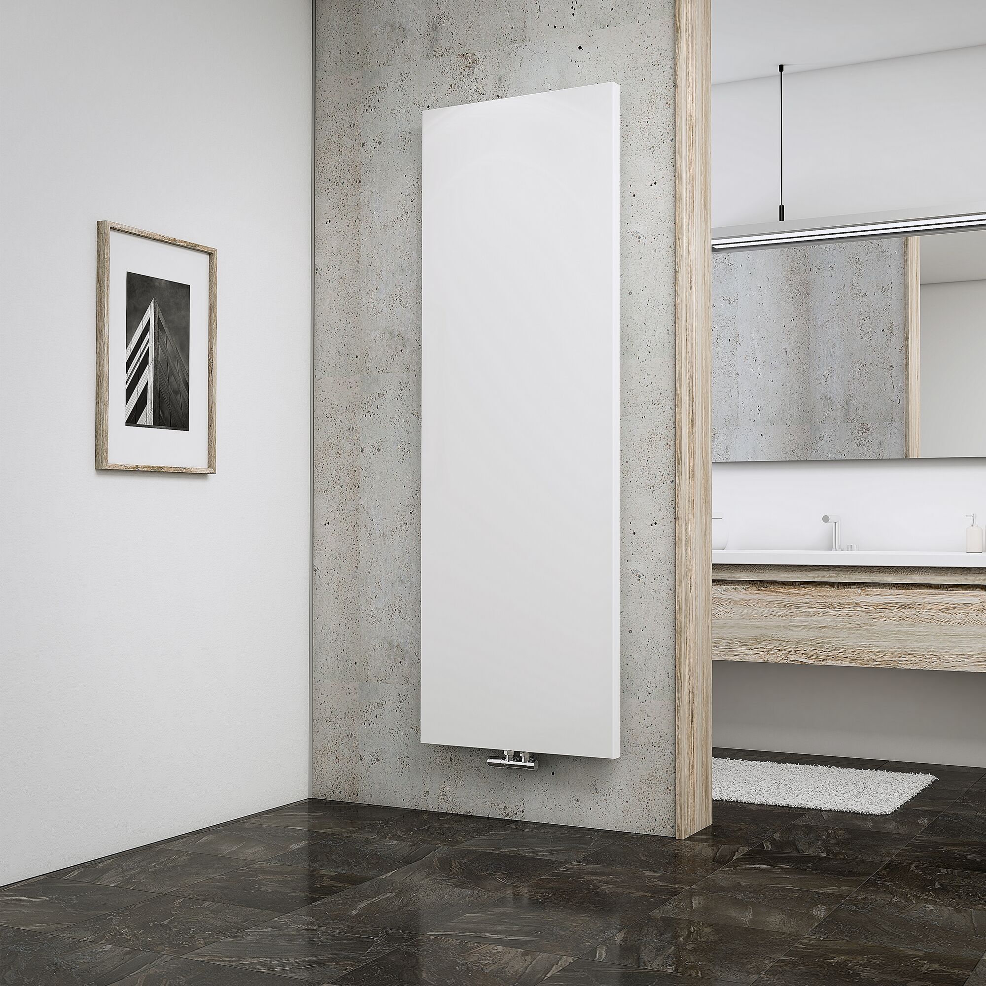 Weißer Heizkörper an grauer Betonwand