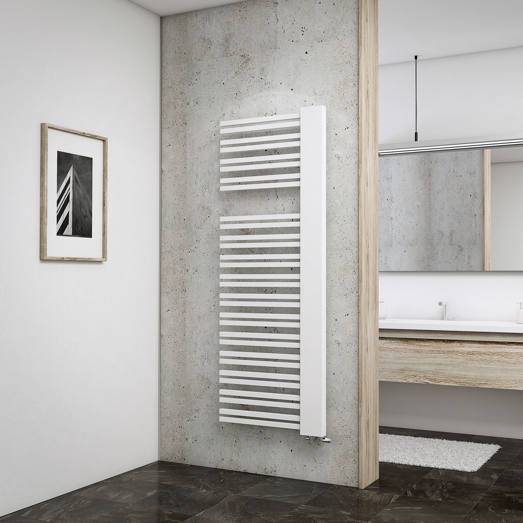 Weißer Designheizkörper an Betonwand.