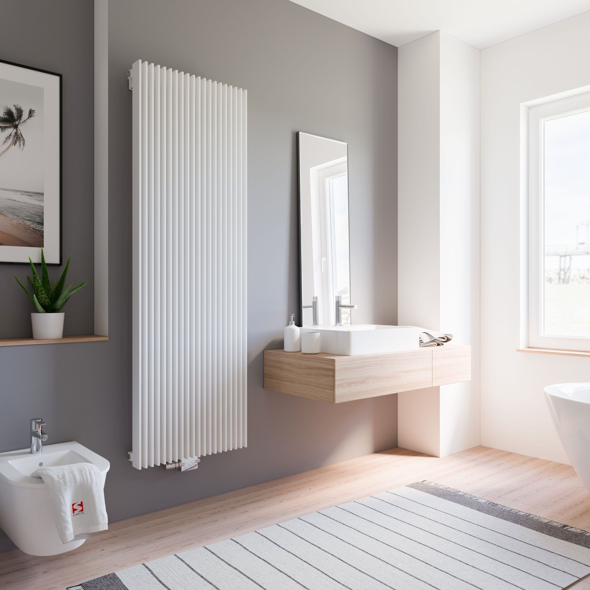 Modernes Badezimmer mit weißem Designheizkörper.