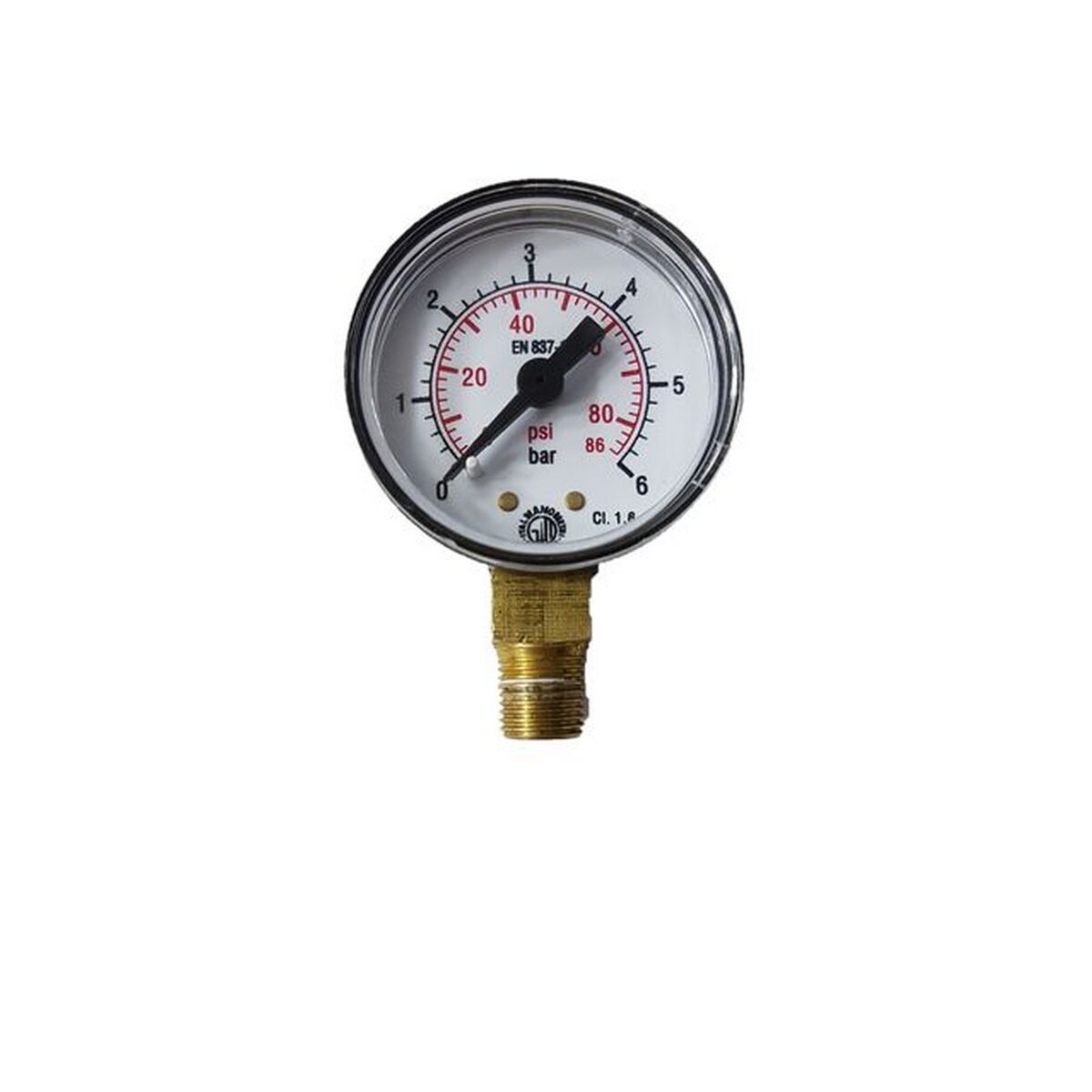 Produktbild von Manometer 1/8 Zoll BSPT, Messinganschluss, -1–0 Bar / -30–0 InHg, Für Wasser, Öl & Luft, Vakuum Geeignet