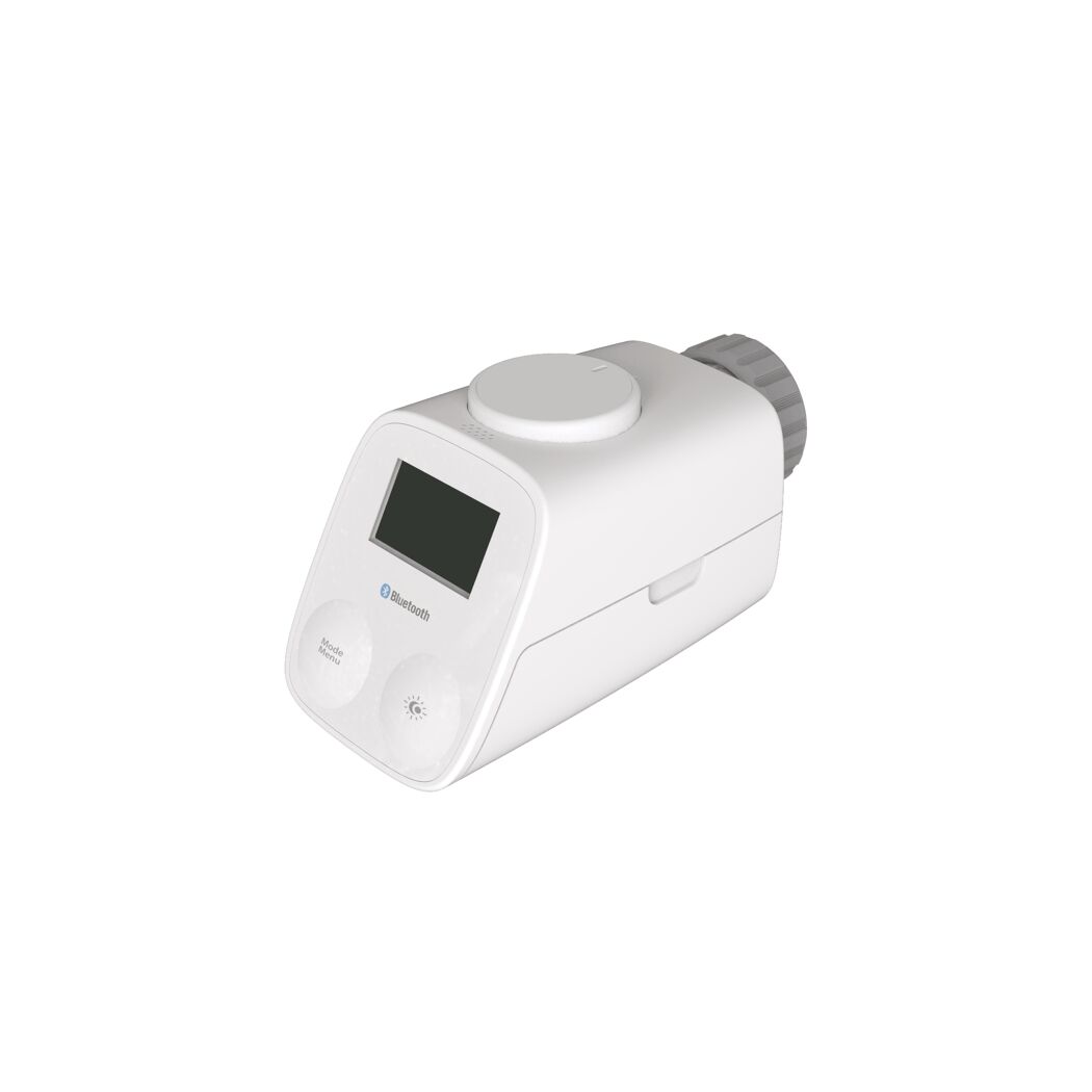 Weißes Heizkörperthermostat mit Display und Bluetooth-Logo