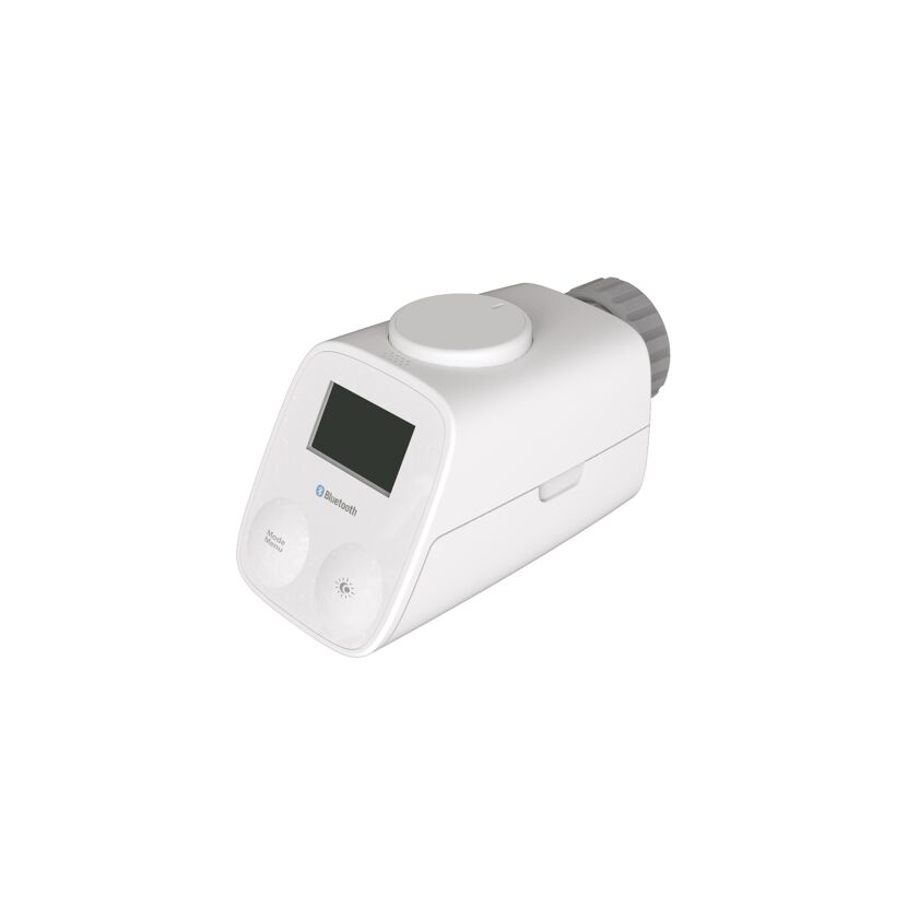 Weißes Heizkörperthermostat mit Display und Bluetooth-Logo