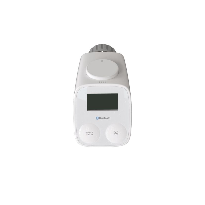 Weißer Heizkörperthermostat mit Display und Bluetooth-Symbol