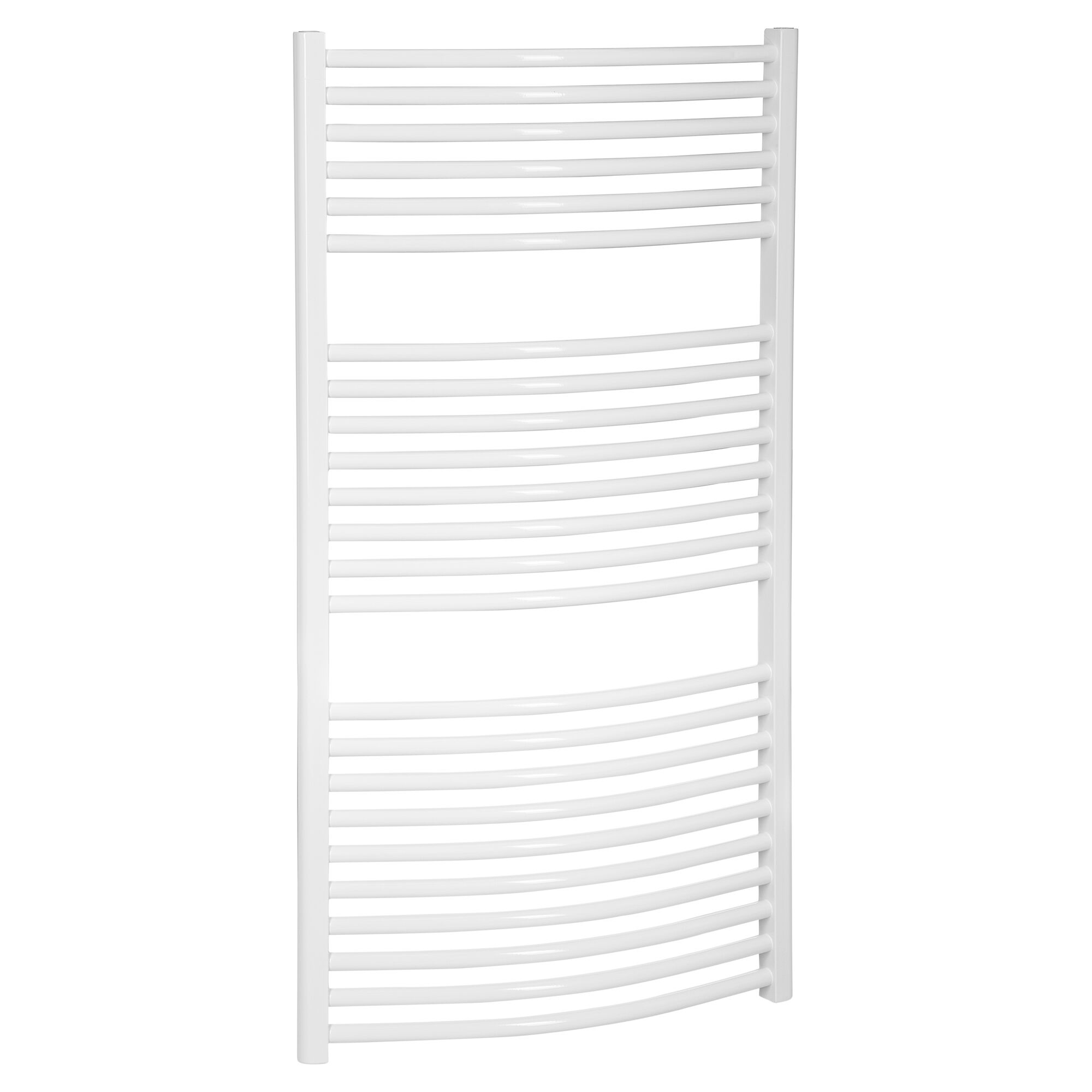 Weißer, geschwungener Handtuchheizkörper.