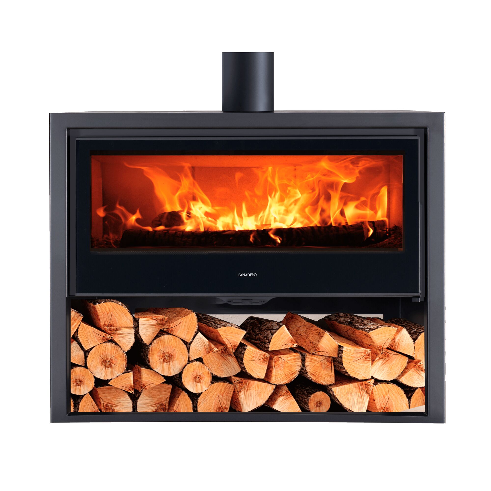 Kaminofen mit Feuer und Holzscheiten
