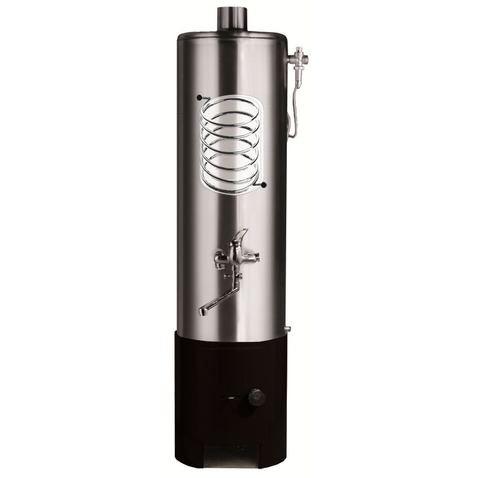 Badeofen aus Edelstahl mit schwarz lackiertem Gehäuse