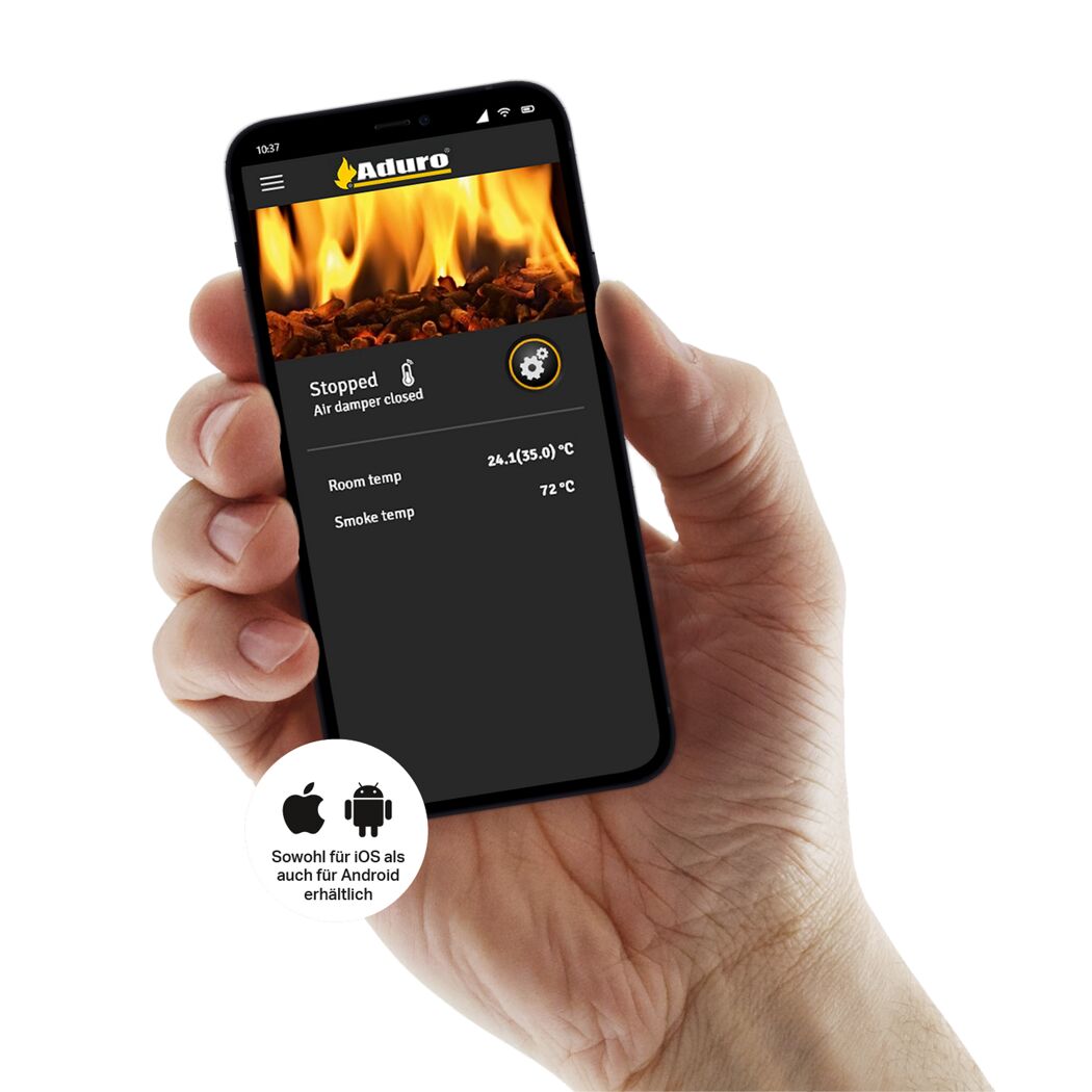 Hand hält Smartphone mit Aduro App für iOS und Android