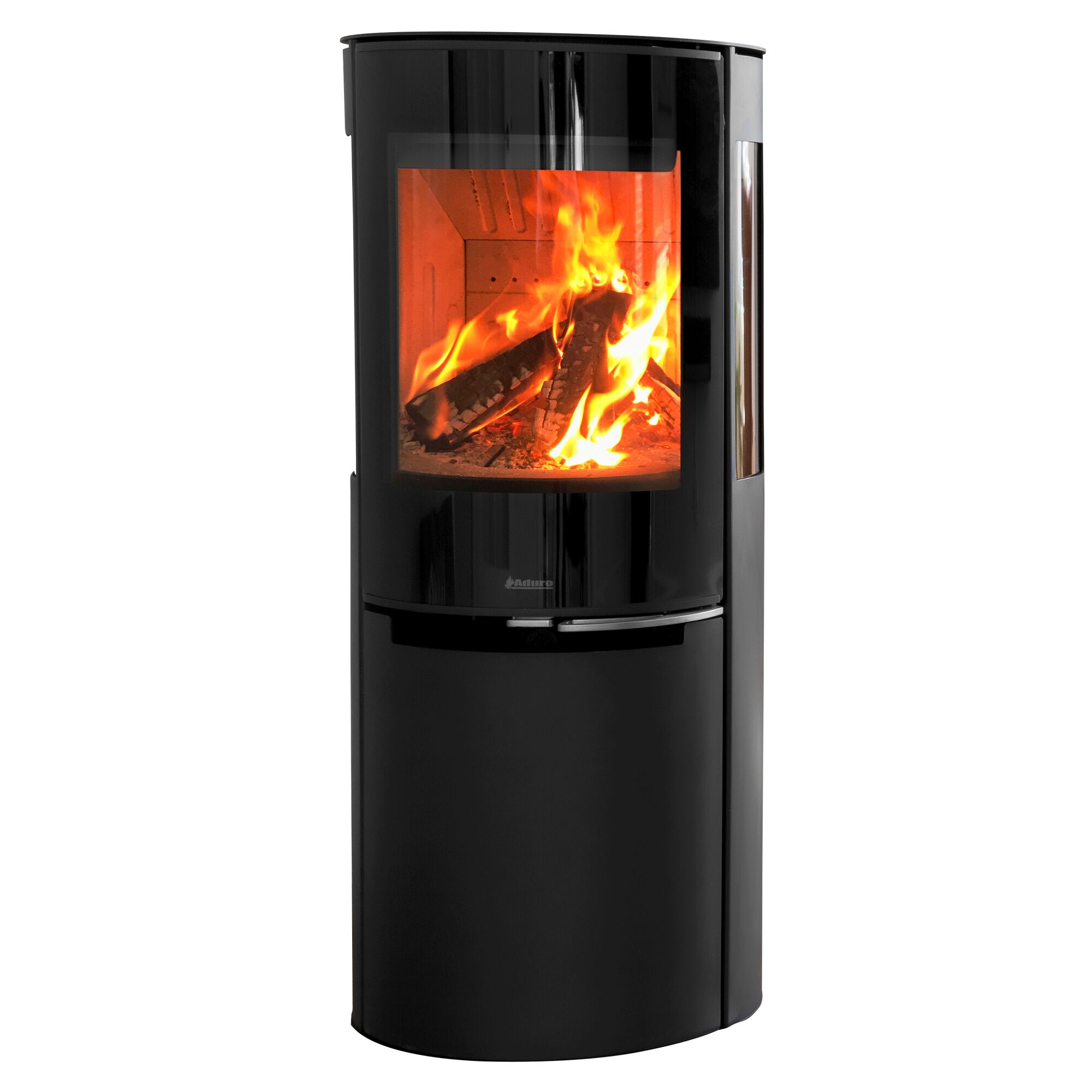Schwarzer Kaminofen Aduro H3 LUX mit brennendem Feuer