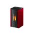Roter Pelletofen von Freepoint mit Flamme im Sichtfenster.