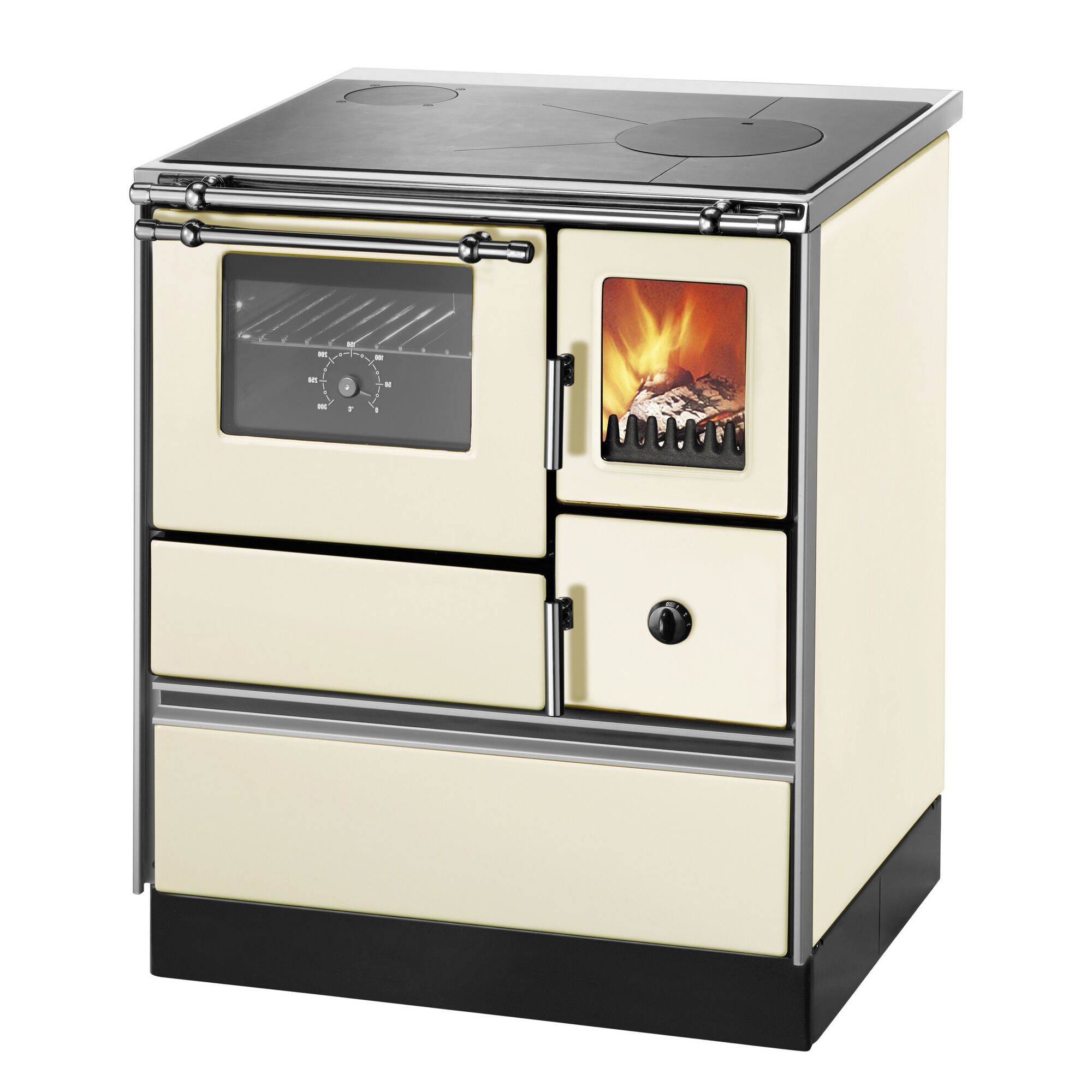 Beiger Holzofen mit Brennkammer und Backofen.