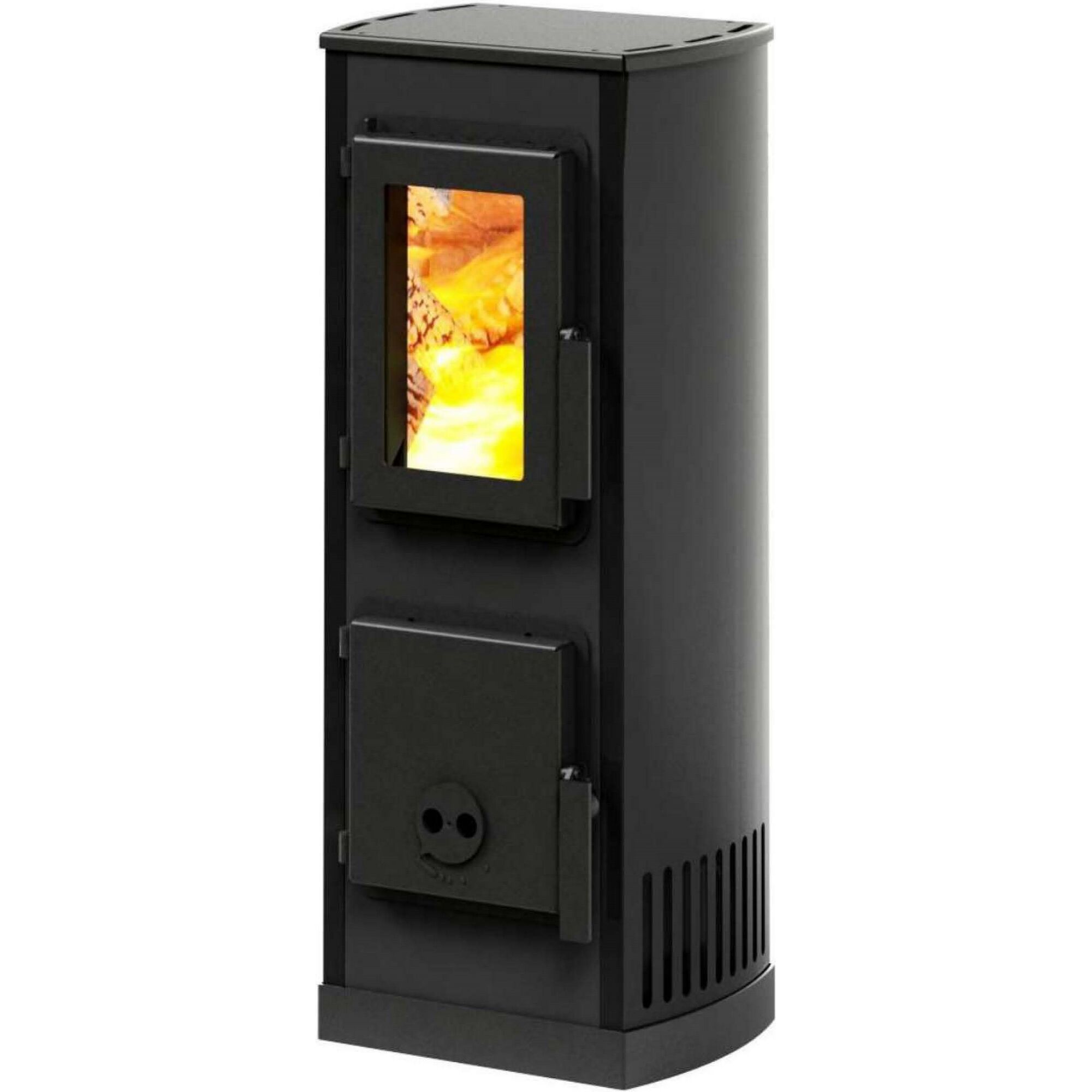 Schwarzer Kaminofen Megan mit brennendem Feuer.