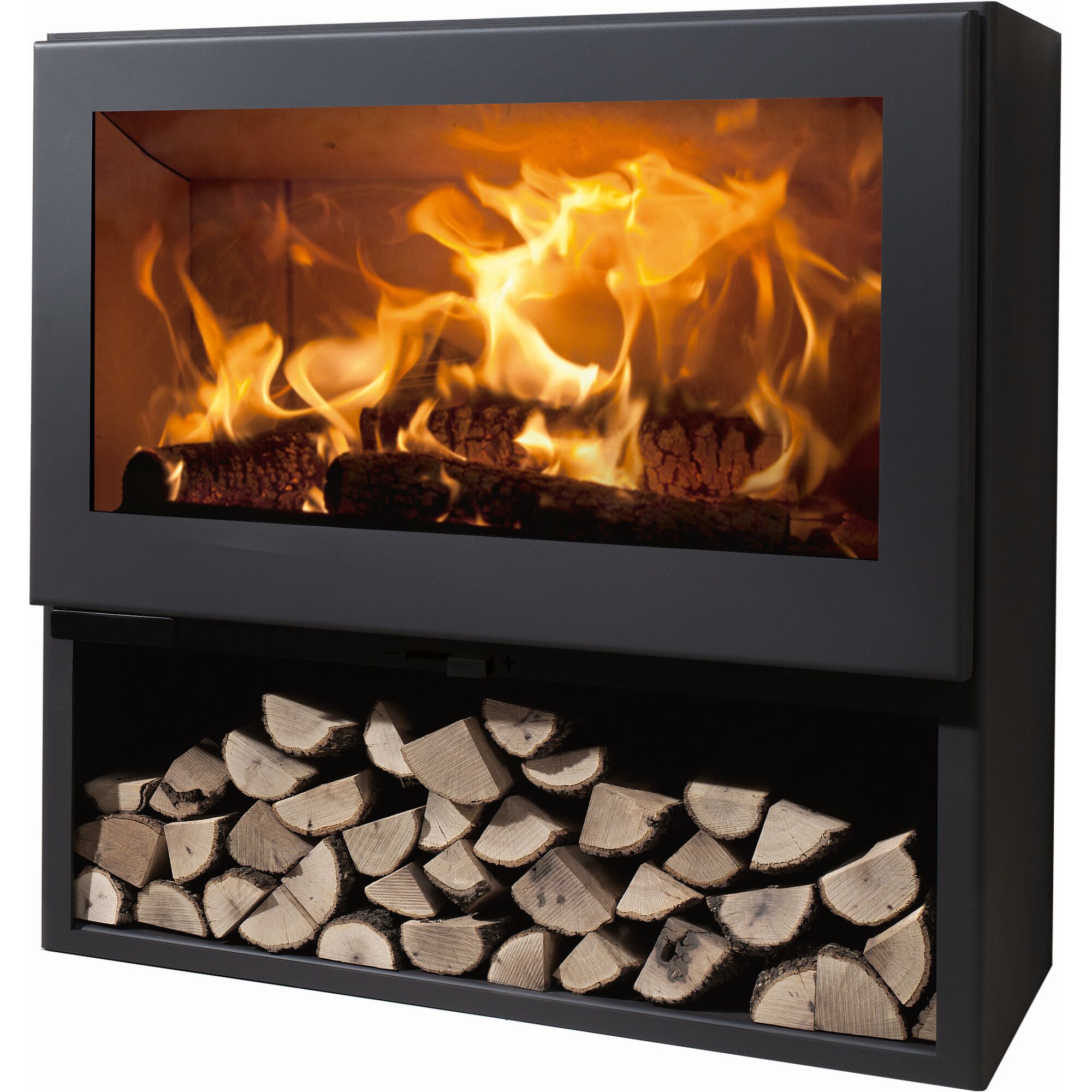 Kaminofen Fenix 7,2kW, schwarz, mit Feuer und Holz
