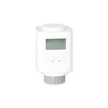 Weißer HK-Thermostat mit Display und Knöpfen.