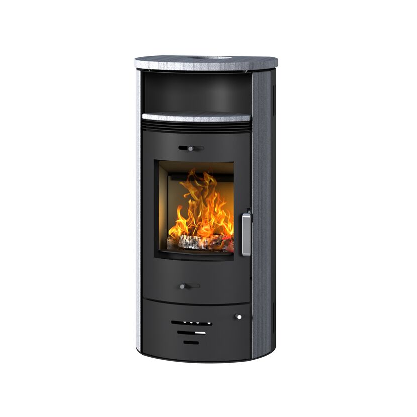 Kaminofen Casablanca 7,5kw 3.0 STS Grey mit brennendem Feuer