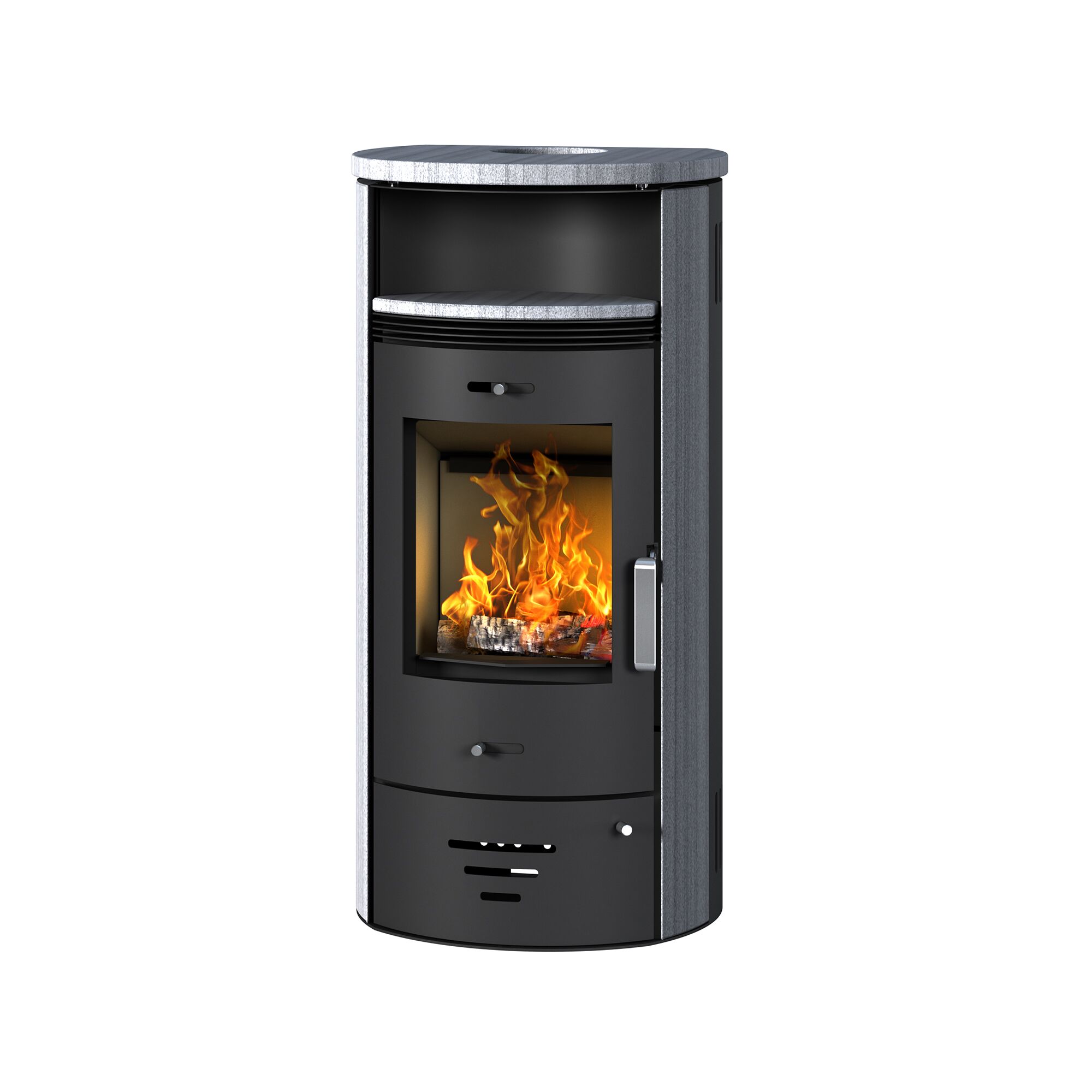 Kaminofen Casablanca 7,5kw 3.0 STS Grey mit brennendem Feuer