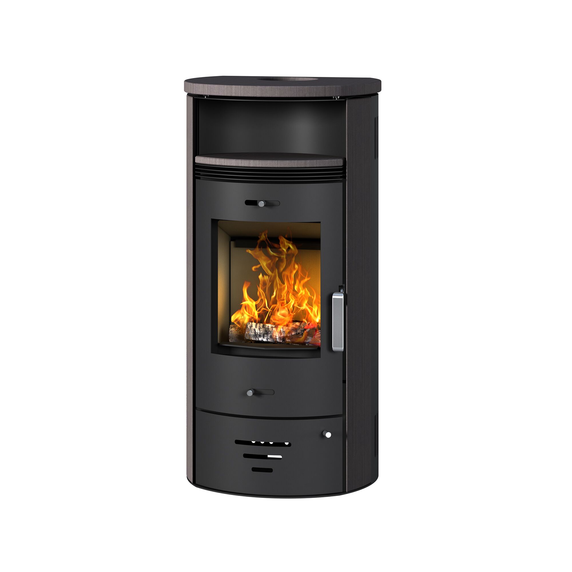 Schwarzer Kaminofen Casablanca mit brennendem Feuer