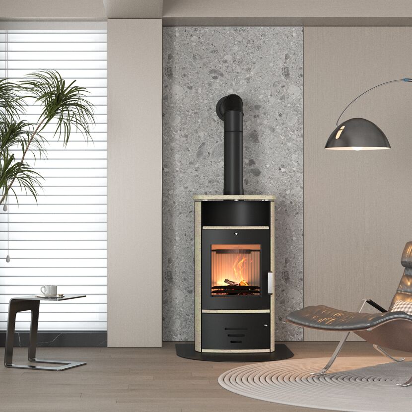 Moderner Kaminofen Modena mit brennendem Feuer