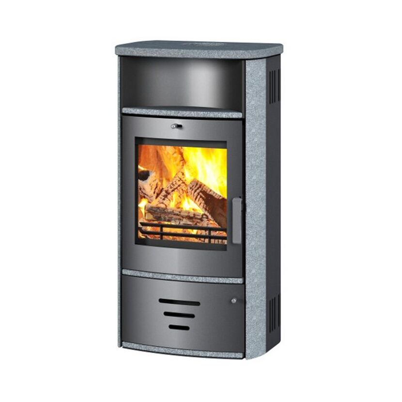 Kaminofen Modena STS6 mit brennendem Feuer.