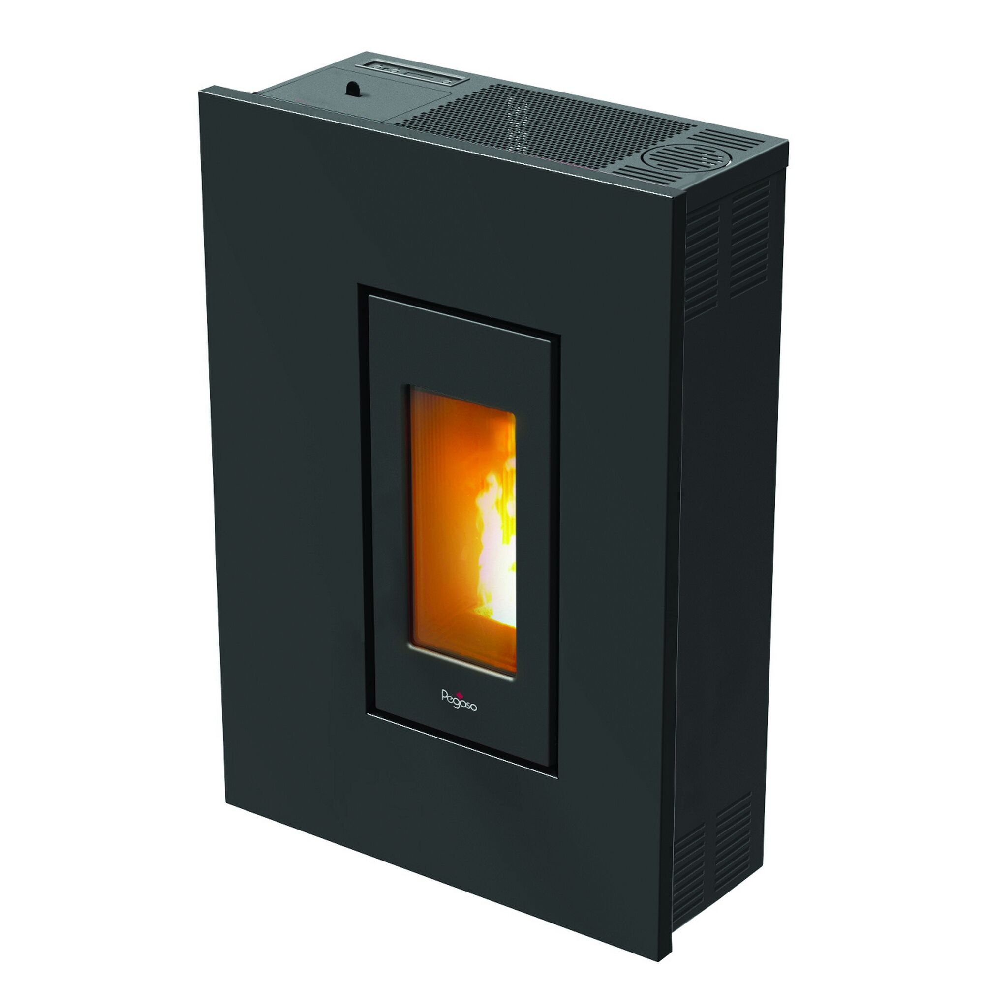 Pelletofen MADISON 5, schwarz, mit Feuer im Brennraum.