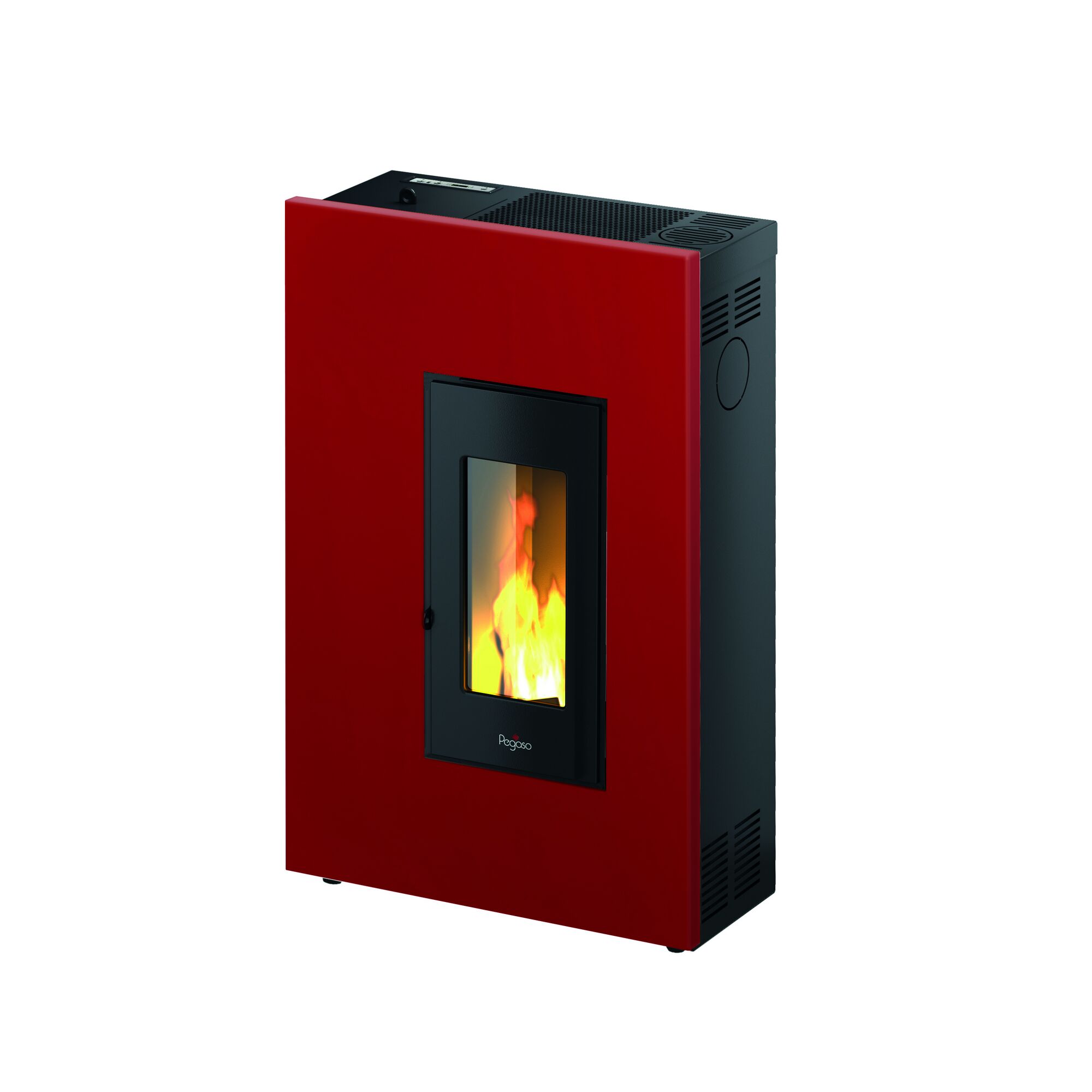 Roter Pelletofen mit brennendem Feuer