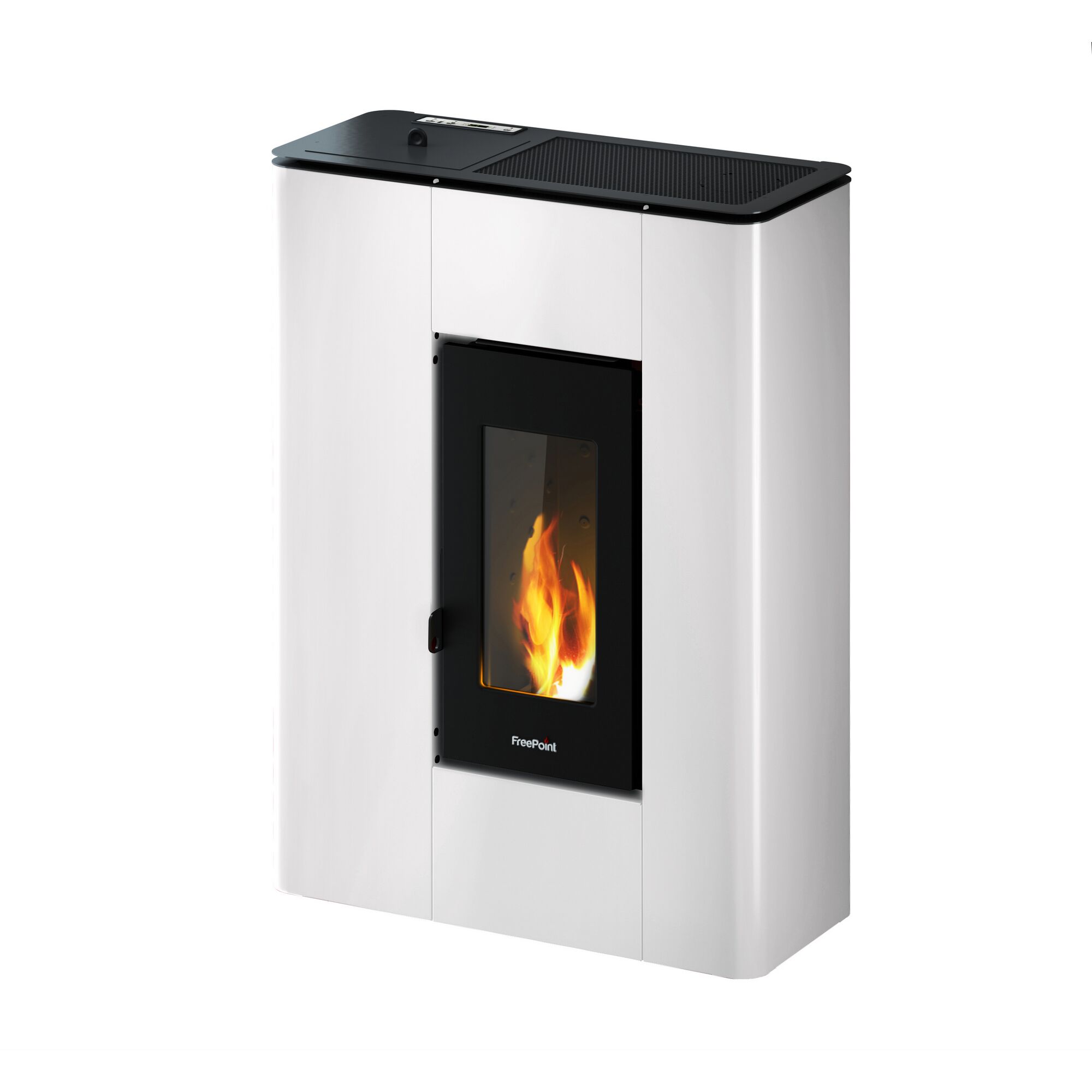 Weißer Pelletofen mit schwarzer Tür und sichtbaren Flammen.