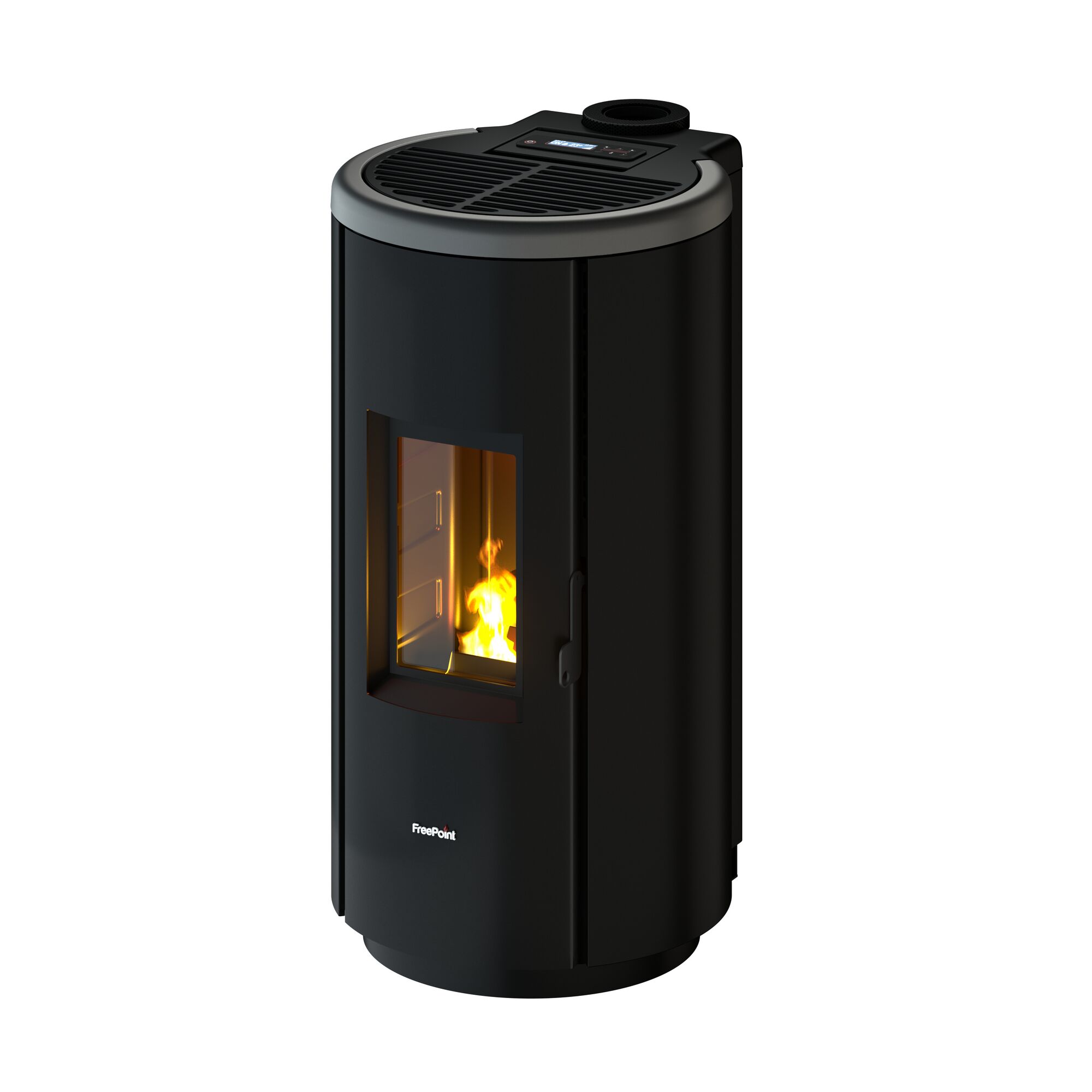Schwarzer Pelletofen CHROME 7 titanium von Freepoint mit Flamme