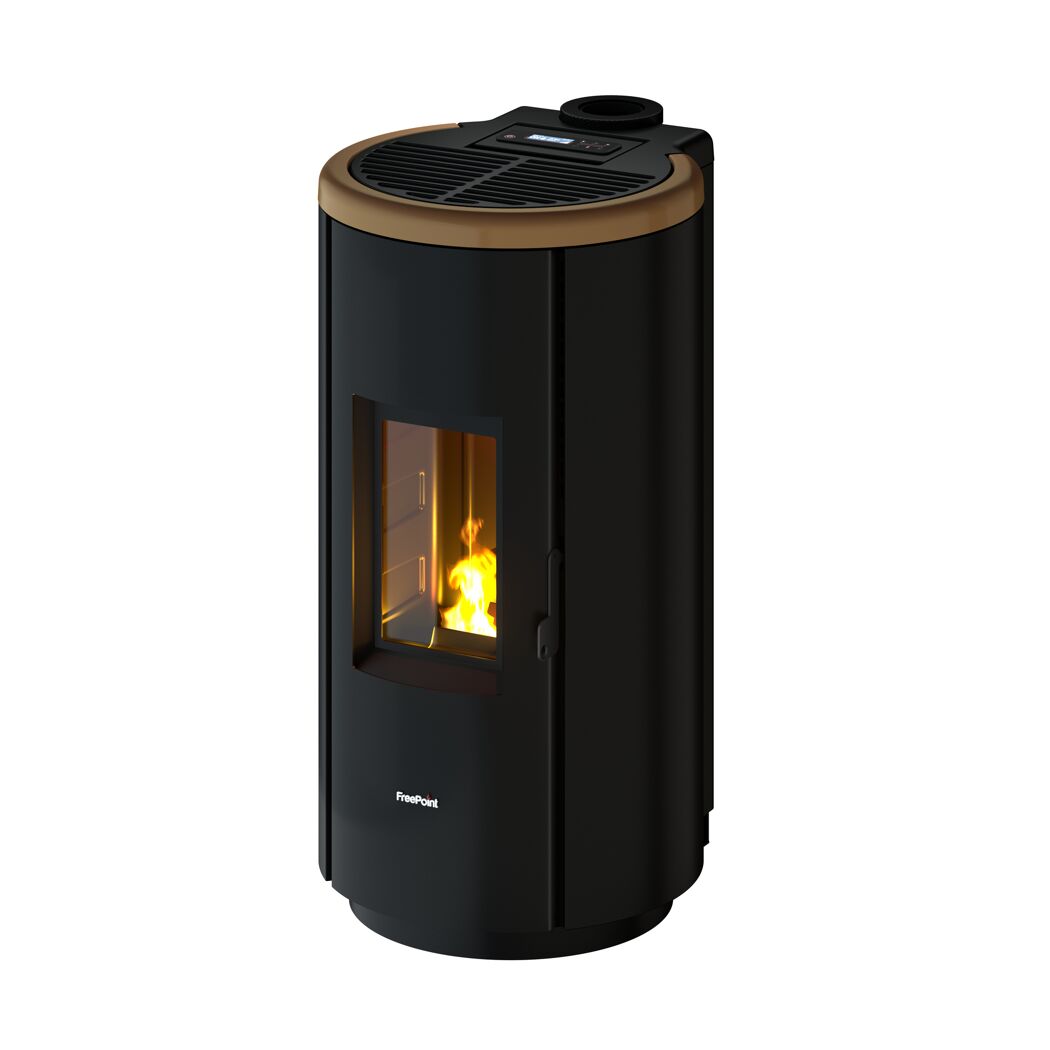 Schwarzer Pelletofen CHROME 7 dark gold mit goldener Abdeckung.